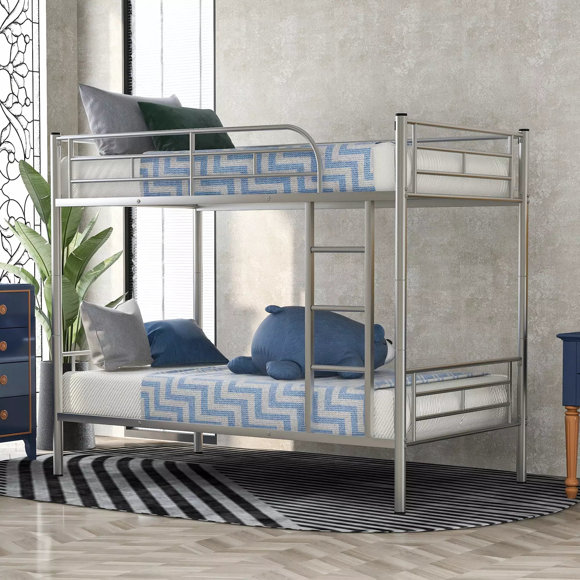Elitezip Bunk Bed Twin over Twin Ladder & Protectty Gurdrail Metal Bunk Beds Kids Teens Adults Heavy Duty Bunk Bed Silver