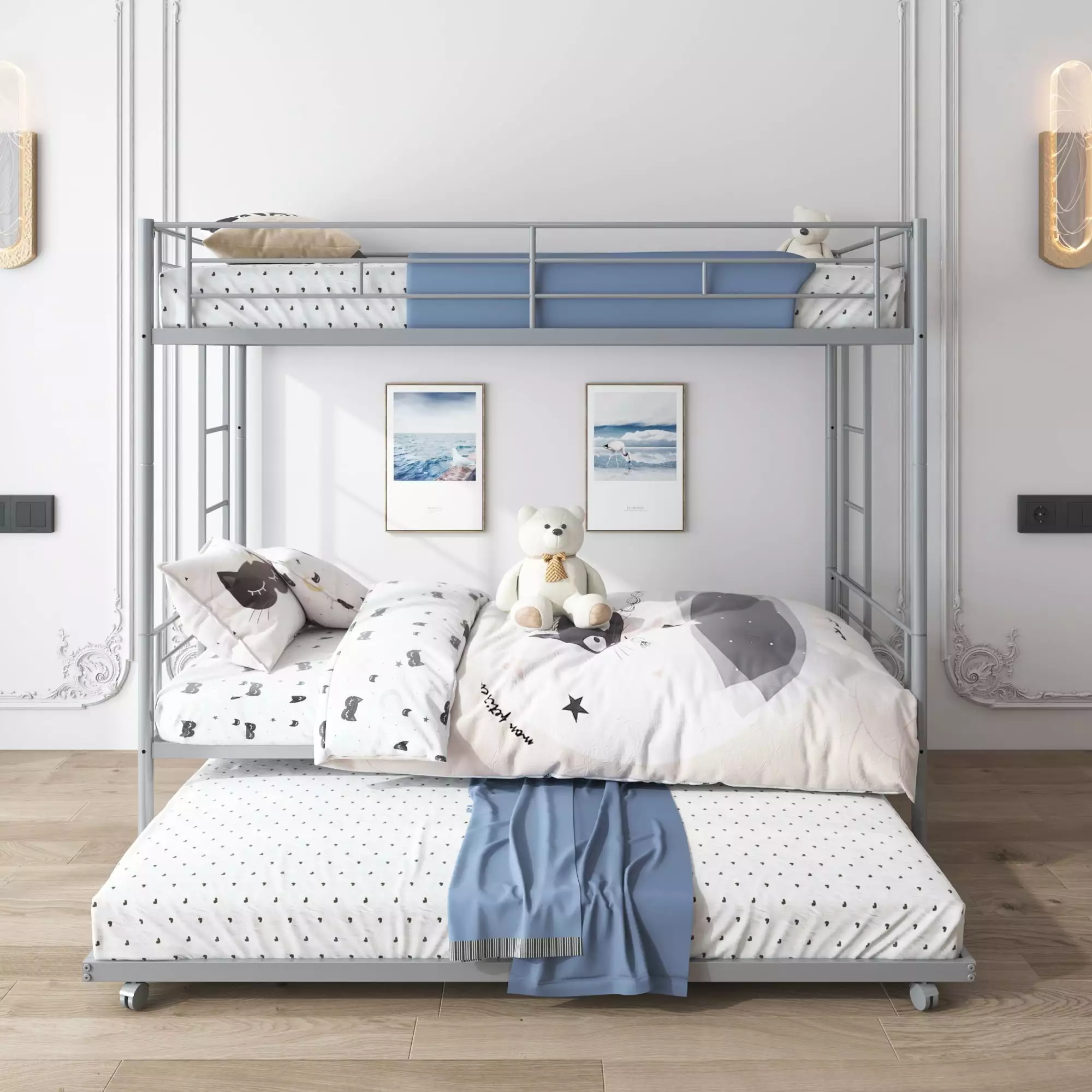 Enyopro Twin Bunk Bed Trundle and Guardrails Space Saving Guest Rooms