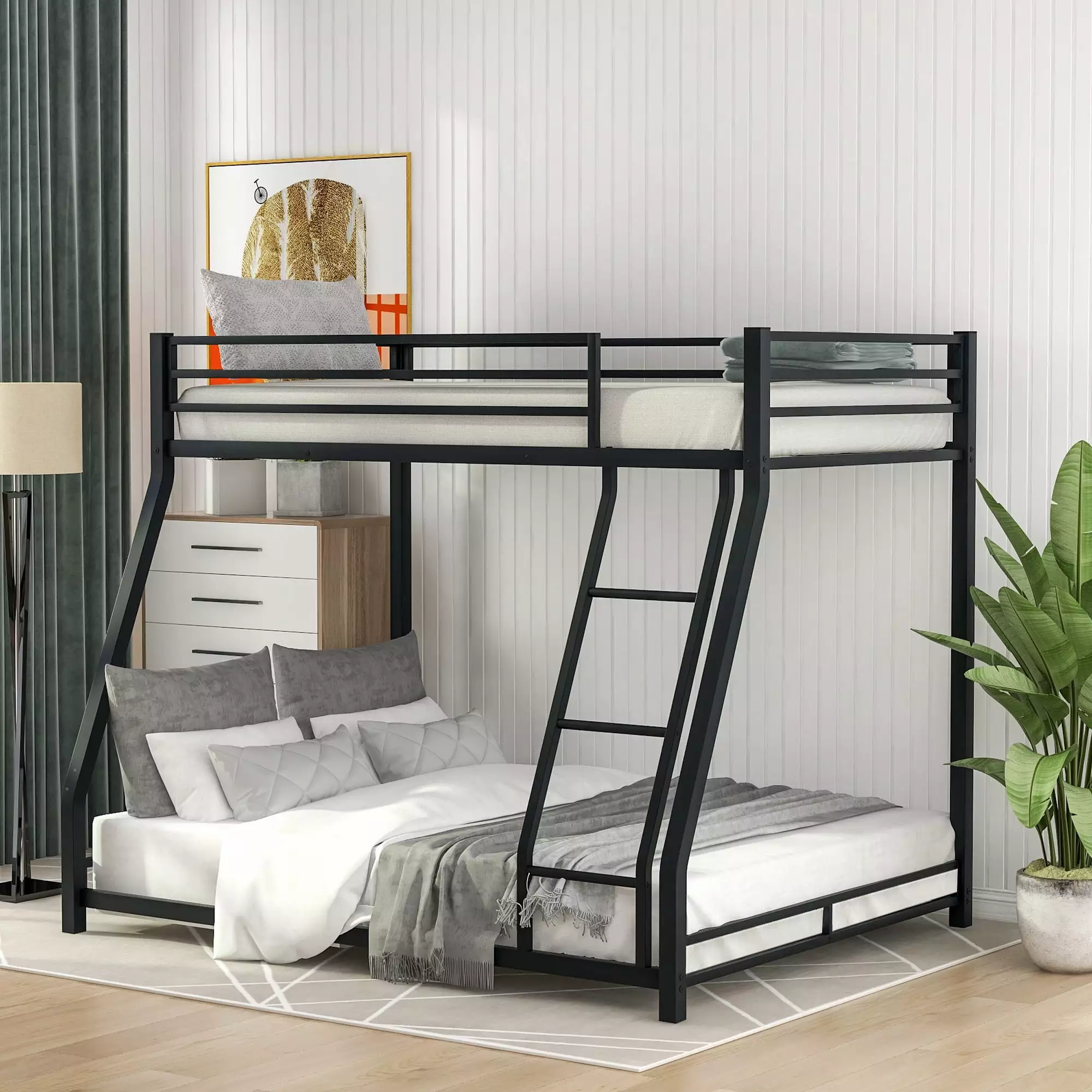 Euroco Metal Twin over Full Bunk Bed - Floor Bunk Bed Kids Bedroom Black