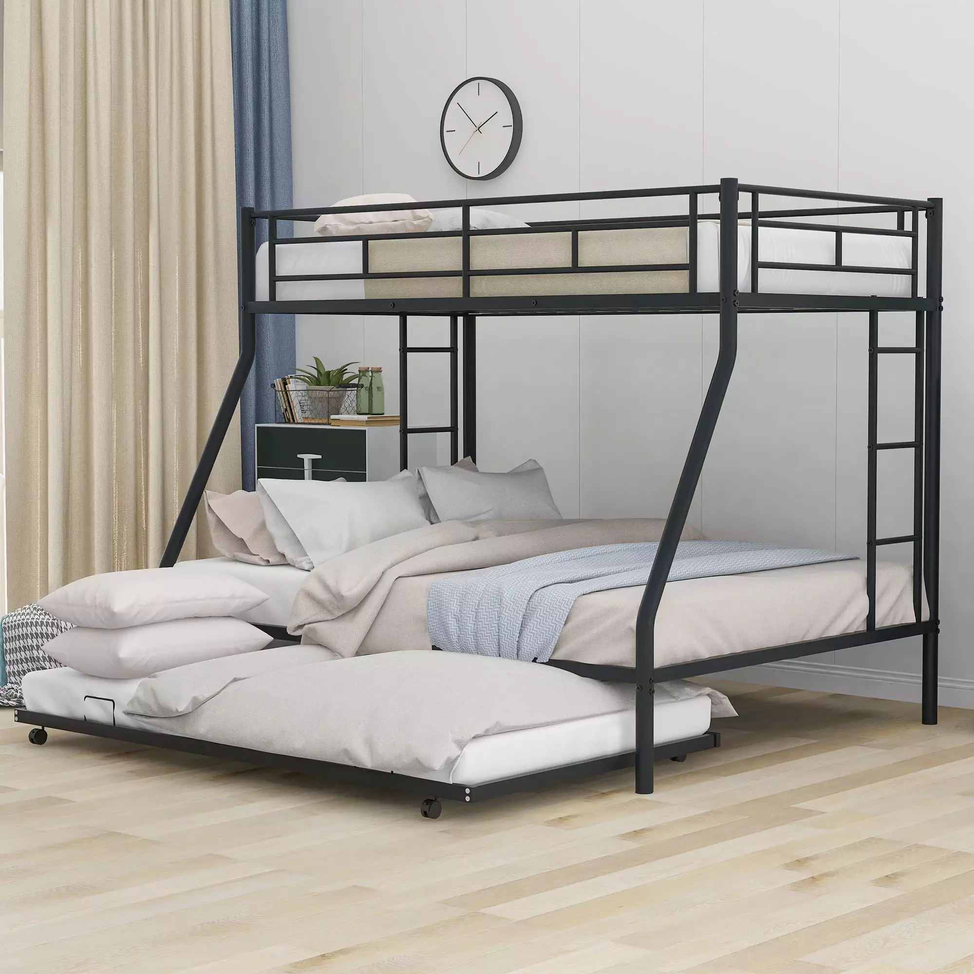 Euroco Metal Twin over Full Bunk Bed Moveable Trundle and 2 Ladders Bedroom Black