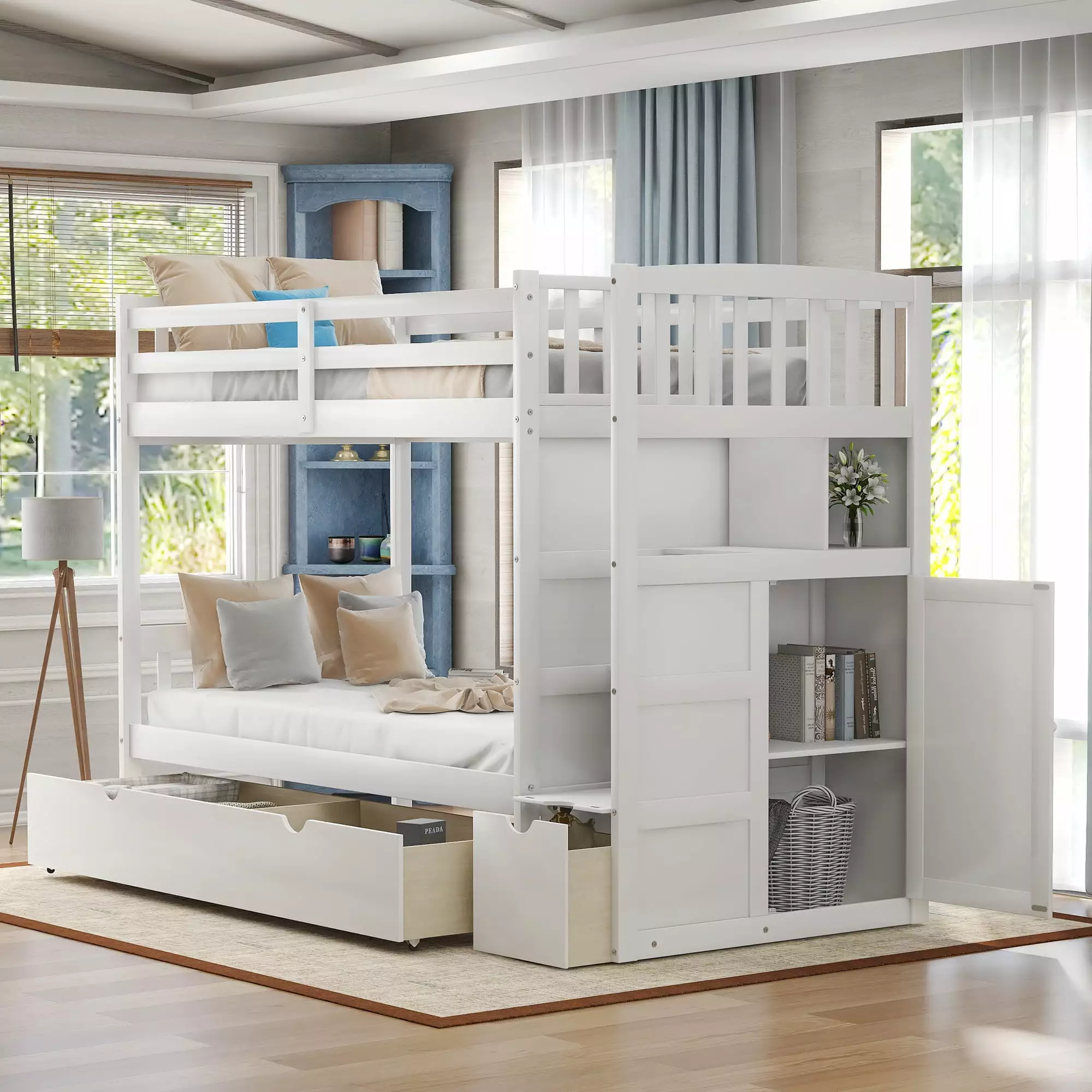 Euroco Twin over Twin Bunk Bed Drawer and Cabinet Kids Bedroom White