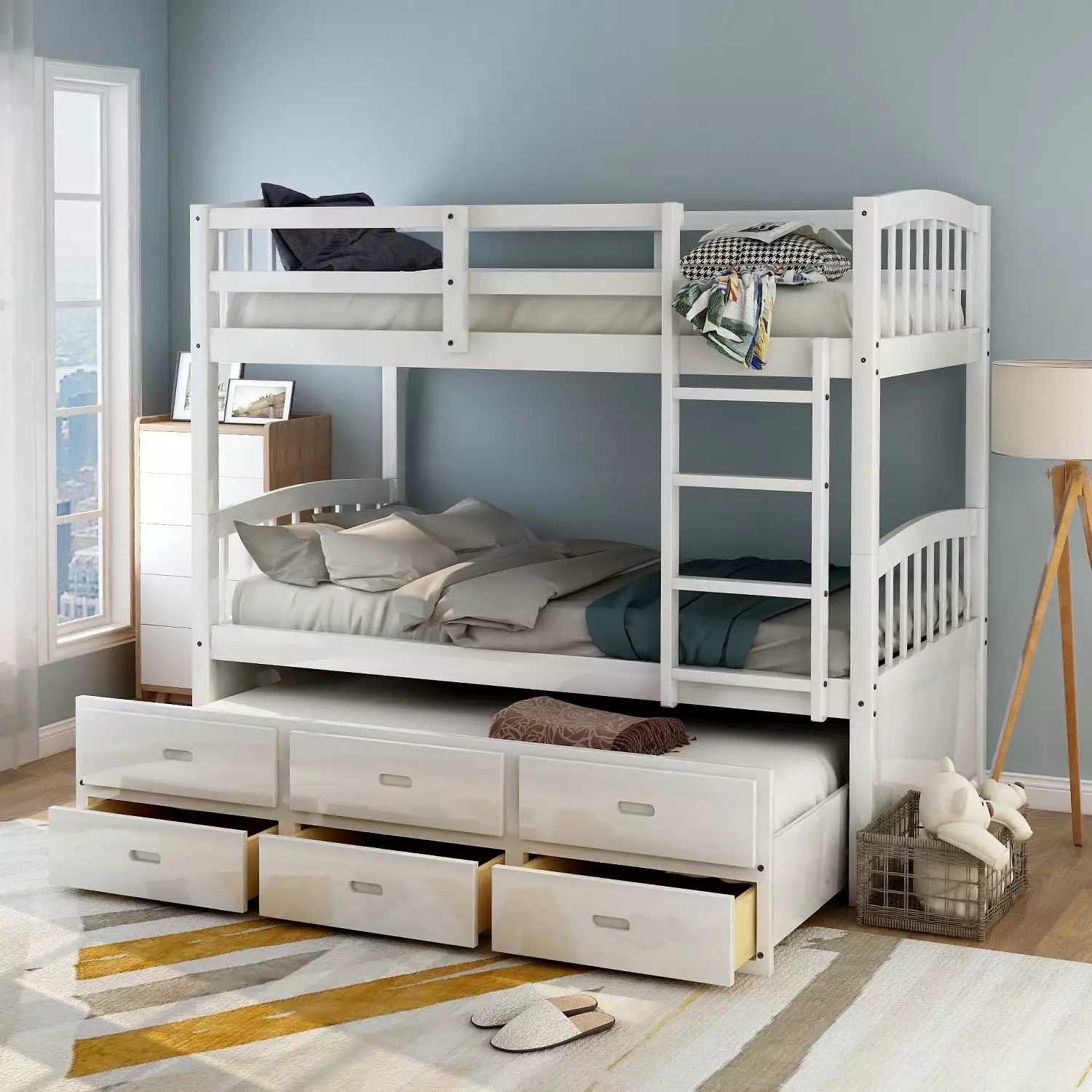 Euroco Twin Over Twin Bunk Bed Trundle and Drawers White