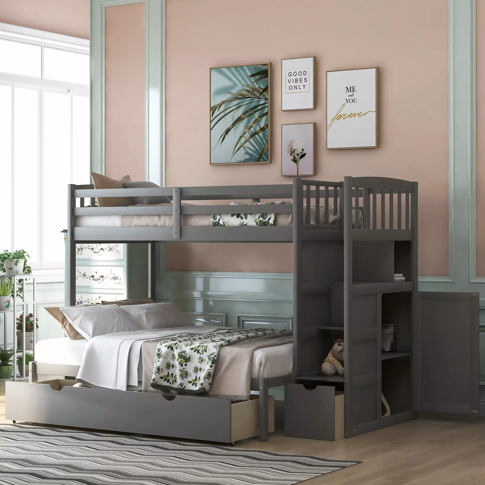 Euroco Twin over Twin or Twin over Full Bunk Bed Drawers Shelf and Storage Cabinet Kids Bedroom Convertible Lower Bed Gray