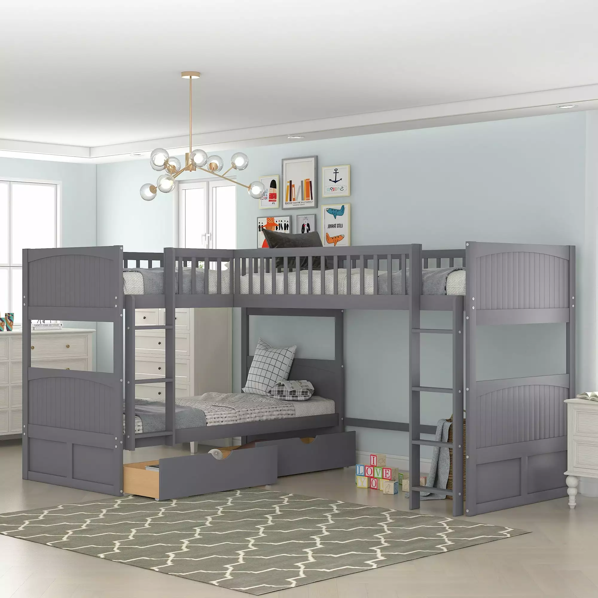 Euroco Twin Size L-Shaped Wood Triple Bunk Bed Drawers Kids Bedroom Gray