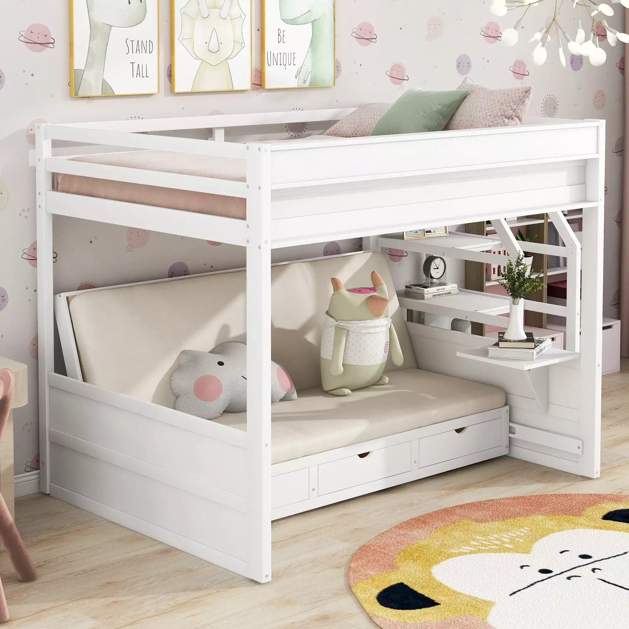 Euroco Wood Full Bunk Bed or Full over Futon Shelf and Drawers Lower Bed Convertible into Daybed Living Room White