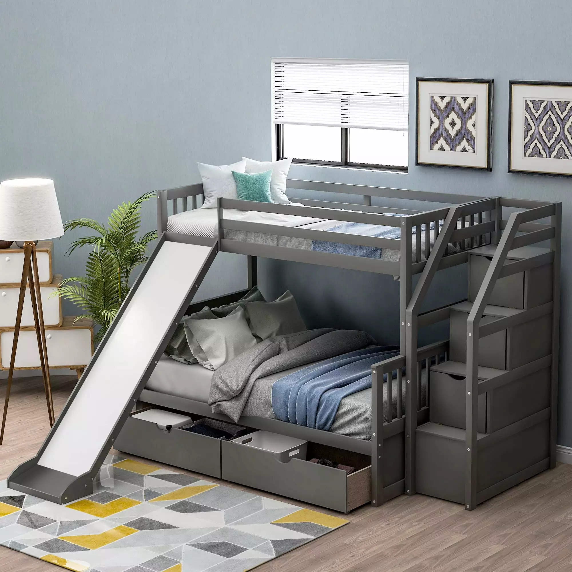 Euroco Wood Twin over Full Bunk Drawers and Slide Storage Staircase Kids Teen Adults Gray