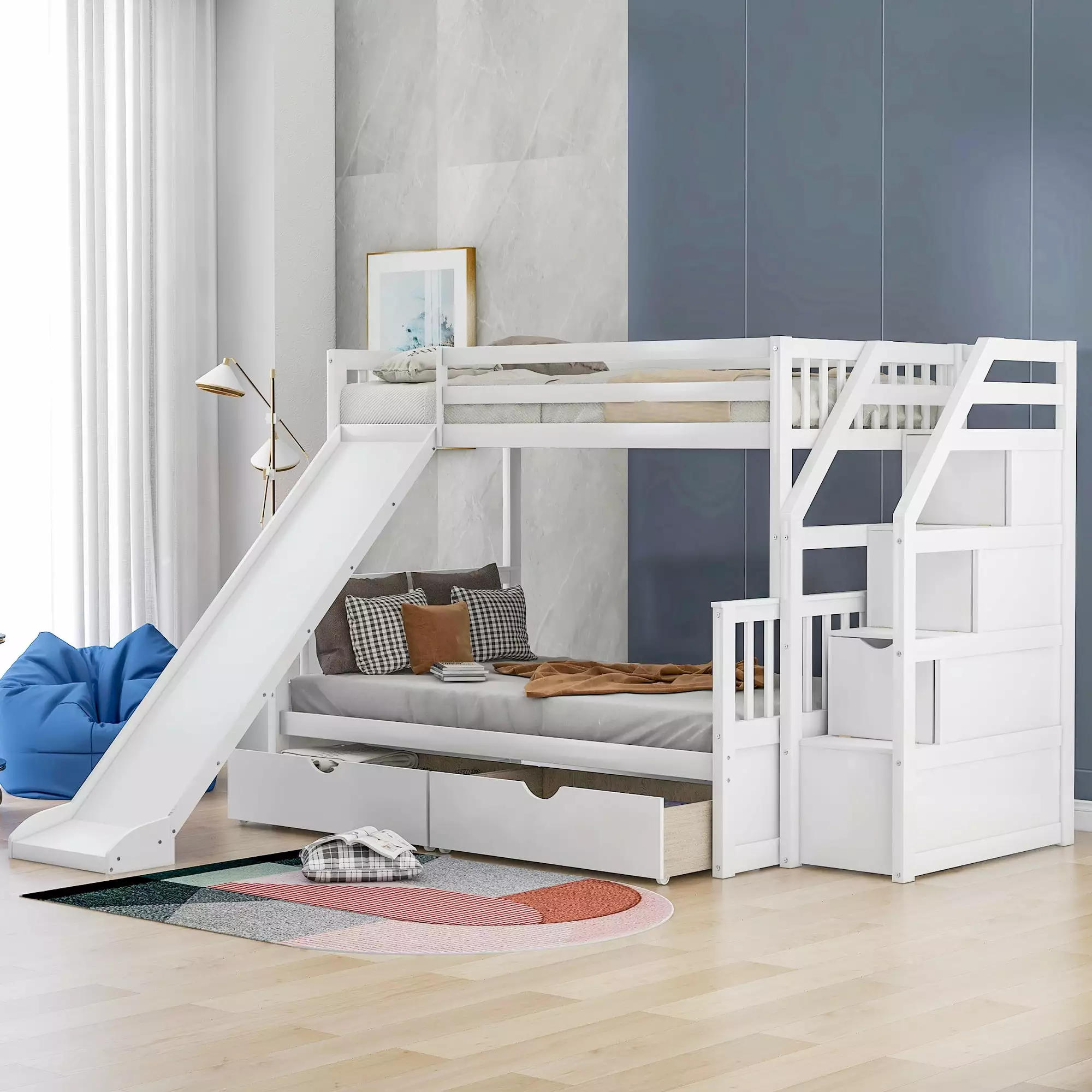 Euroco Wood Twin over Full Bunk Bed 2 Drawers and Slide Storage Staircase Bedroom White