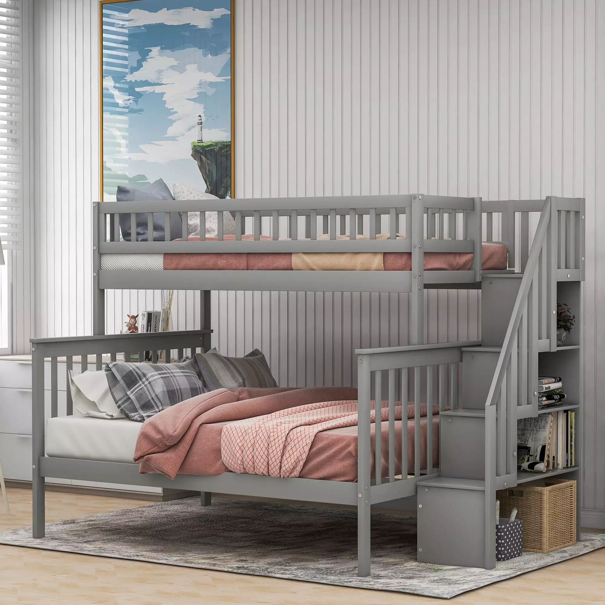 Euroco Wood Twin over Full Bunk Bed Stairs and Storage Shelf Kids Bedroom Gray