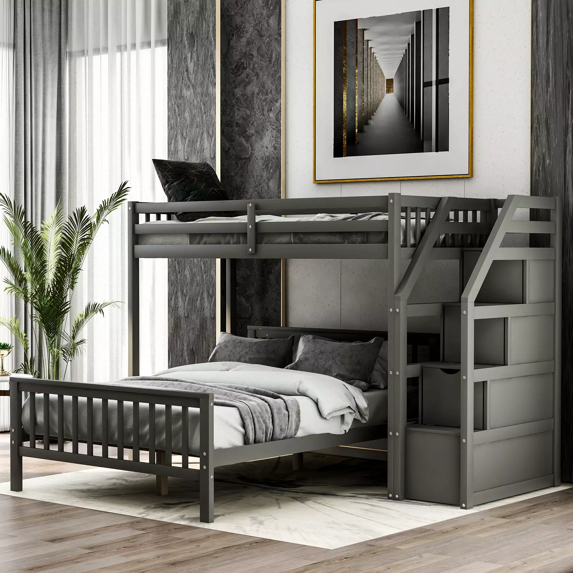 Euroco Wood Twin over Full Bunk Bed Storage Staircase Kids Teens Gray