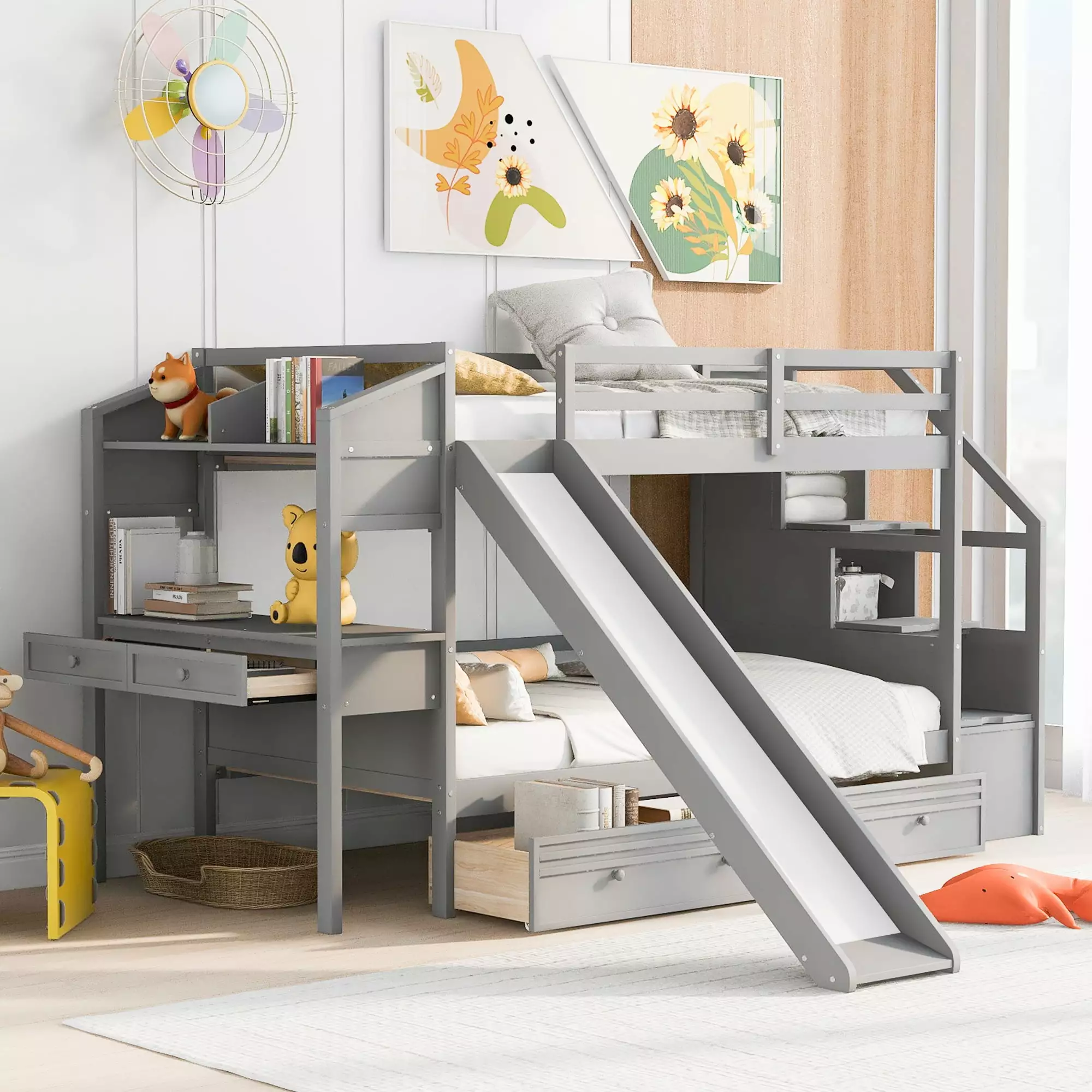 Euroco Wood Twin over Twin Bunk Bed Desk Slide 4 Drawers Shelf Bookcase Storage Staircase Kids Gray