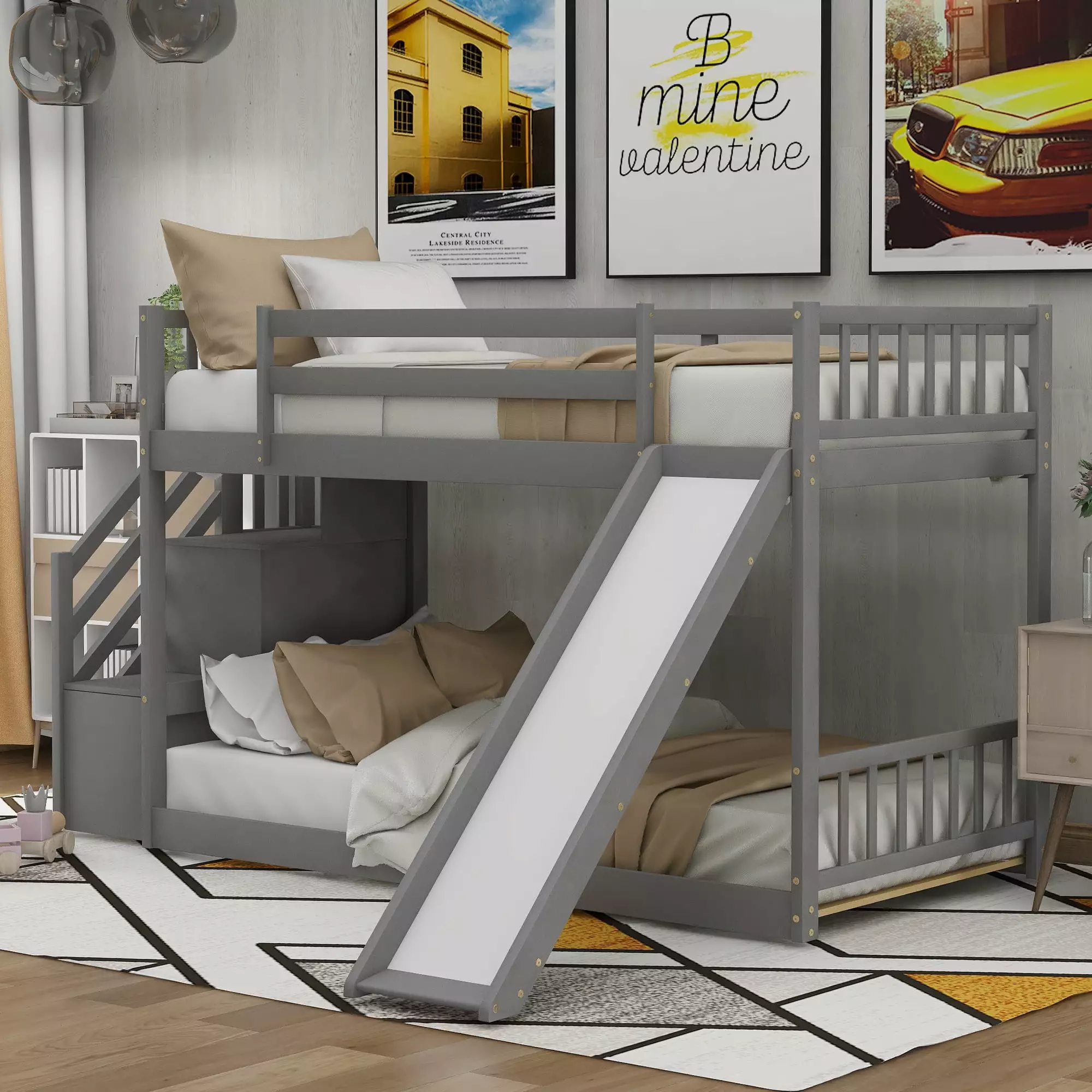EUROCO Wood Twin over Twin Bunk Bed Slide and Staircase Low Profile Bunk Bed Storage Gray