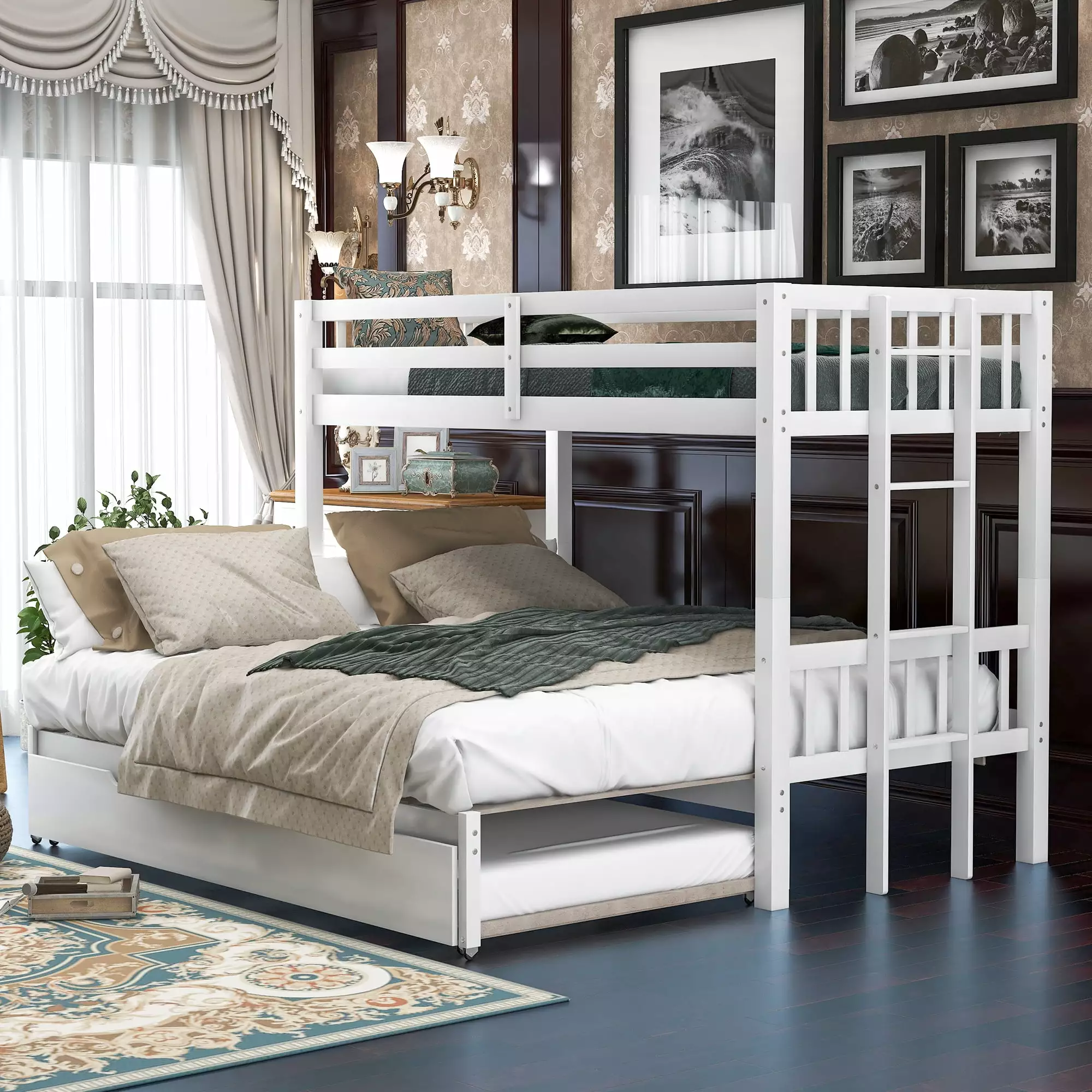 Euroco Wood Twin over Twin King Bunk Bed Trundle Kids White