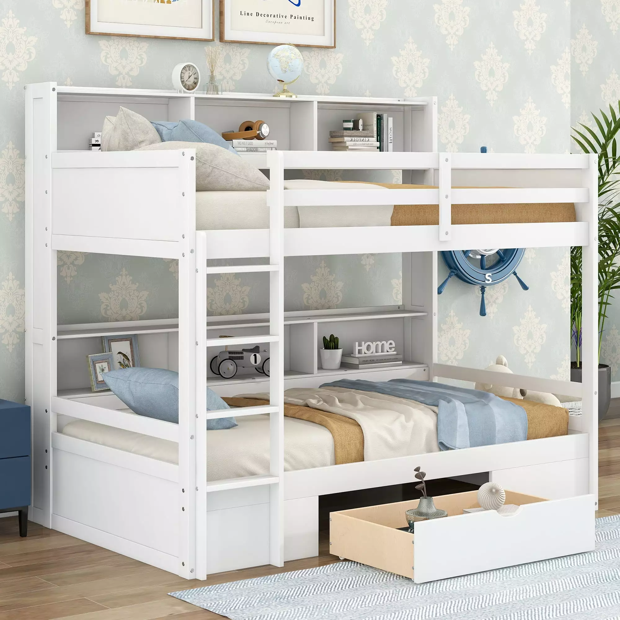 Modern Wood Twin Bunk Bed Shelves and Drawer Kids Room White Euroco