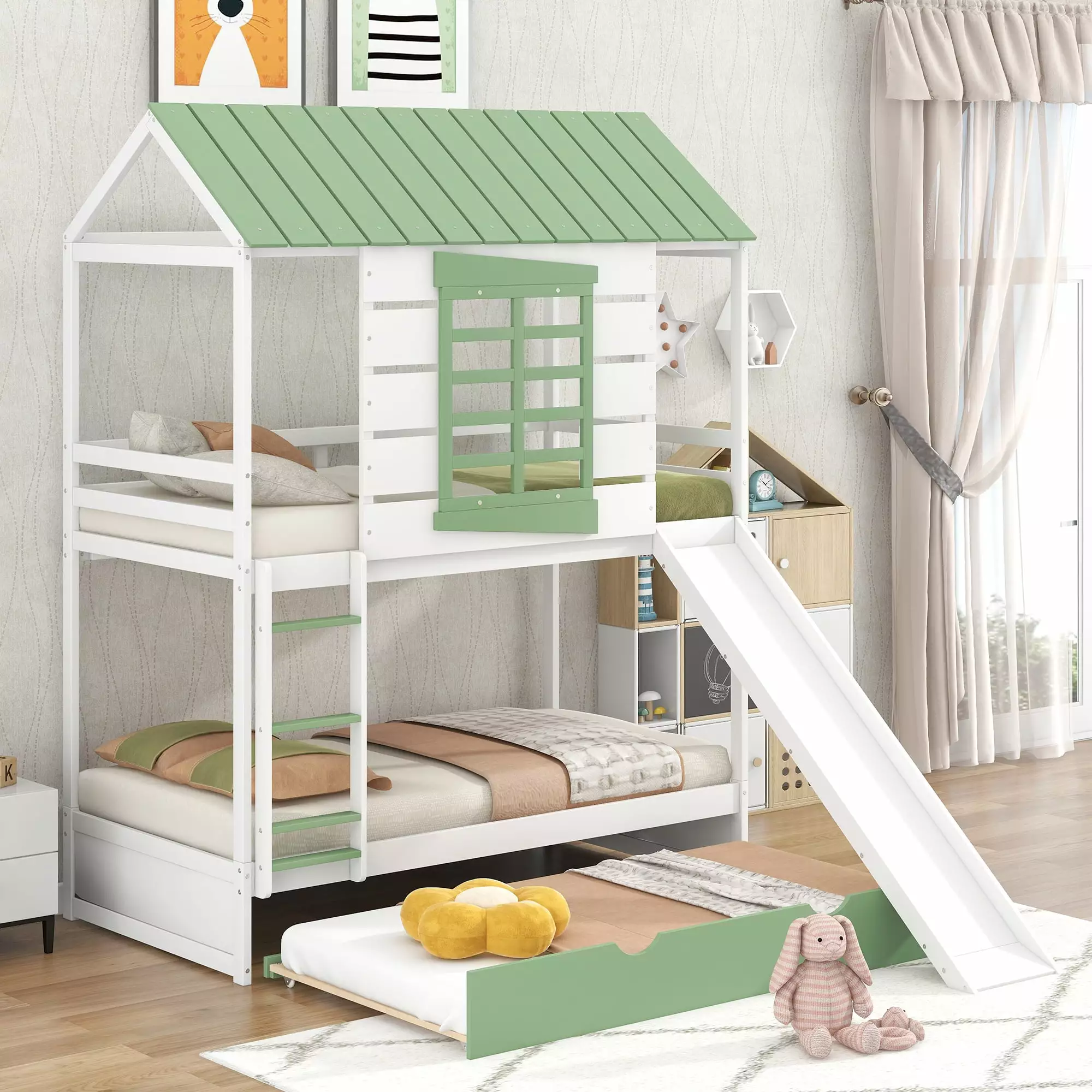 Twin Size Wood Houtilize Bunk Bed Two Trundle Kids White Green Euroco