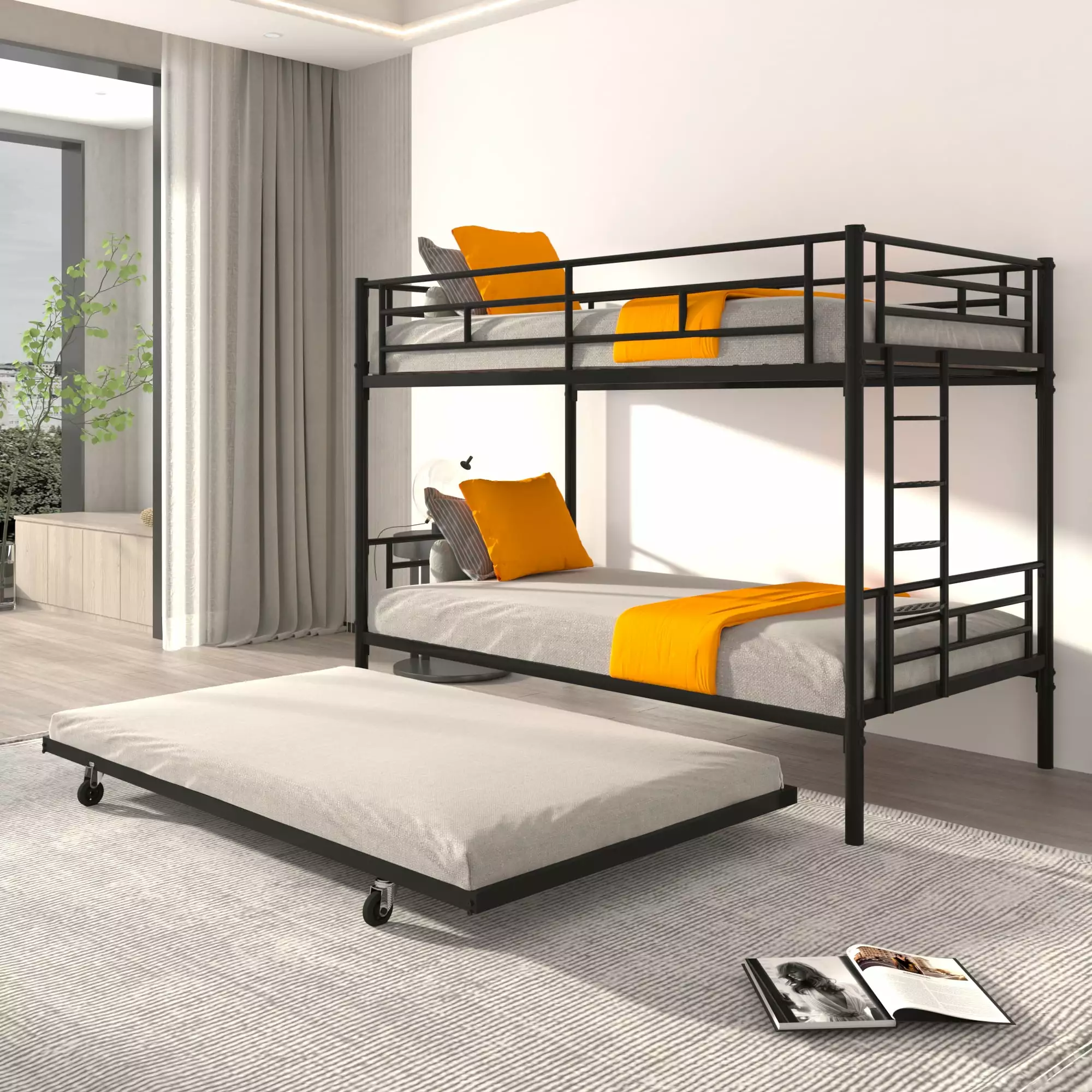 Black Metal Bunk Bed Twin over Twin Trundle Adults Kids Easy to Assemble GRAYELL