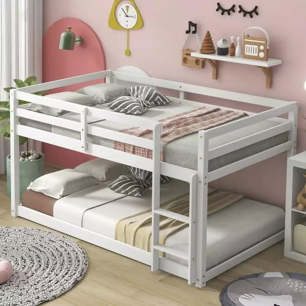 Bunk Bed Kids - Twin Over Twin Low Bunk Bed Frame Built- Ladder and Guardrails - White INCLAKE
