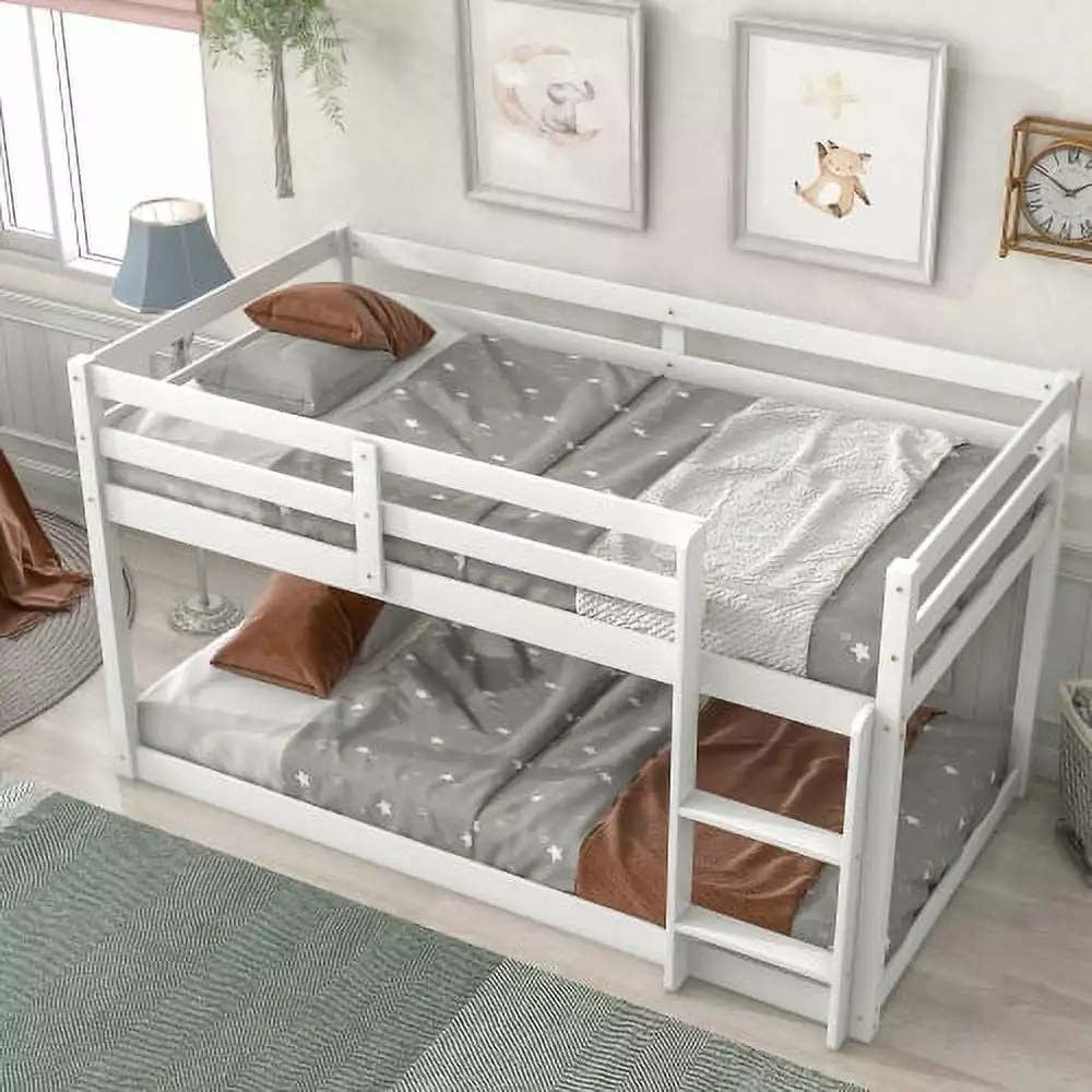 Bunk Beds Twin Over Twin Wood Kids Low Bunk Bed Guard Rails Ladder Children White INCLAKE