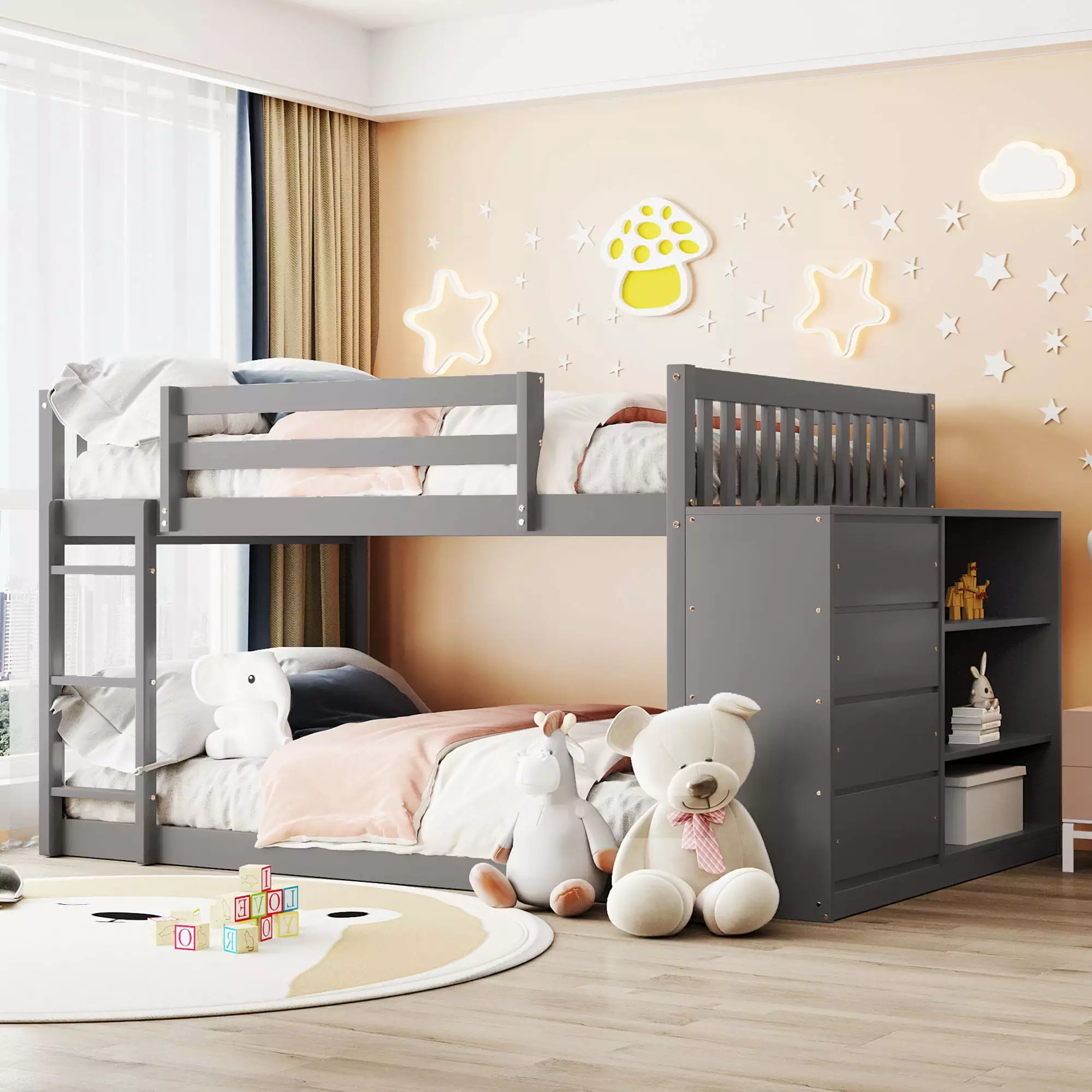 Full Over Full Bunk Bed Storage Drawers and Shelves Low Loft Bed Gray INCLAKE