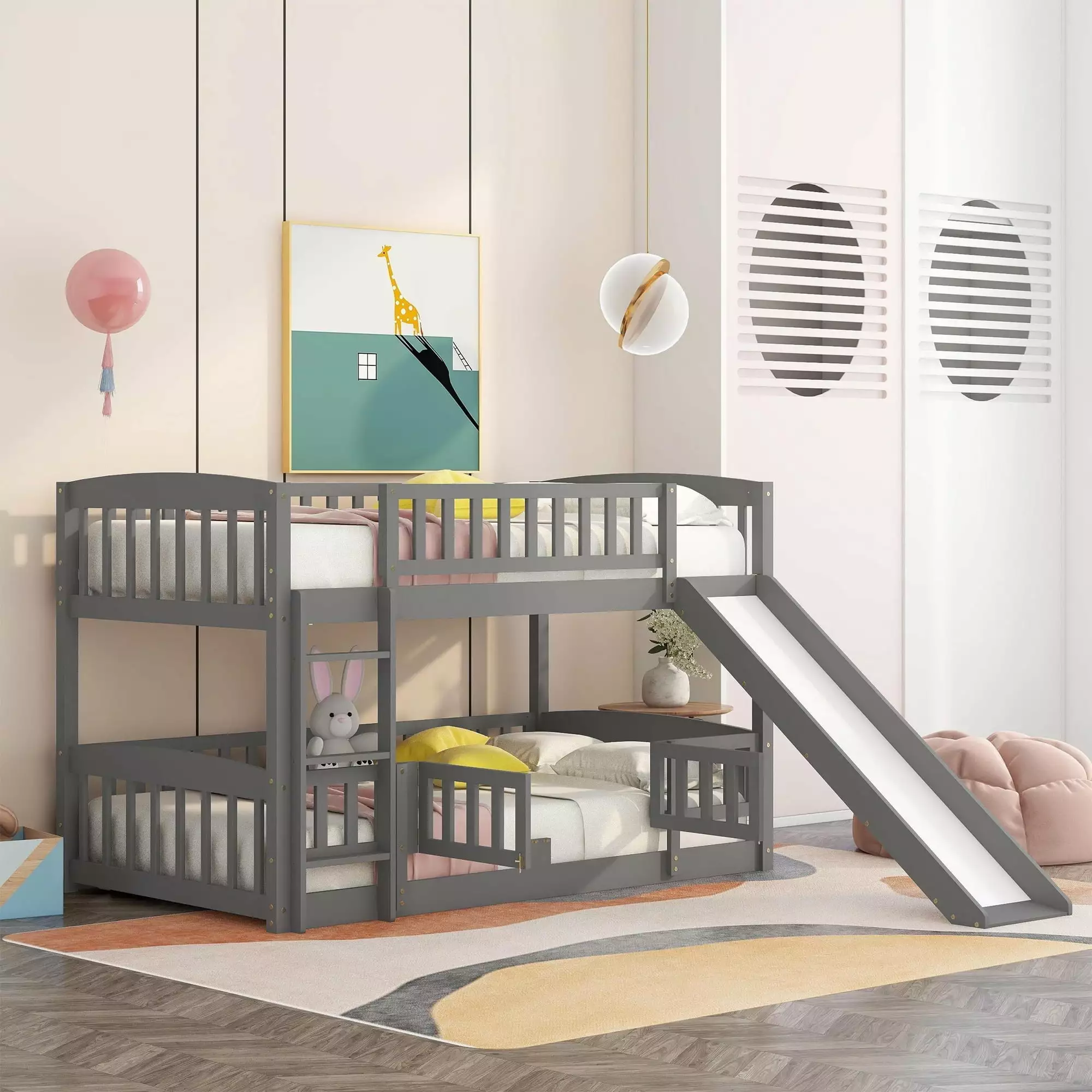 Twin Bunk Bed Slide and Ladder - Wood Low Bunk Frame Kids Gray INCLAKE