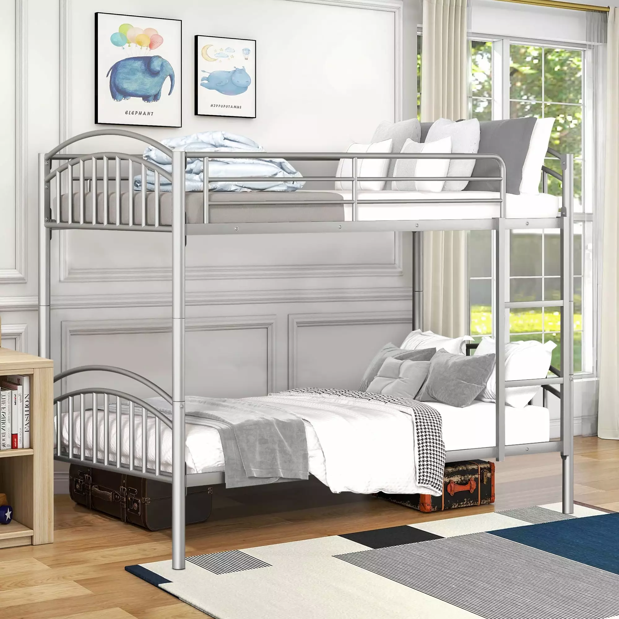 iRerts Twin Bunk Beds Heavy Duty Metal Frame Divided Two Beds Guard Rails Kids Teens Adults Silver