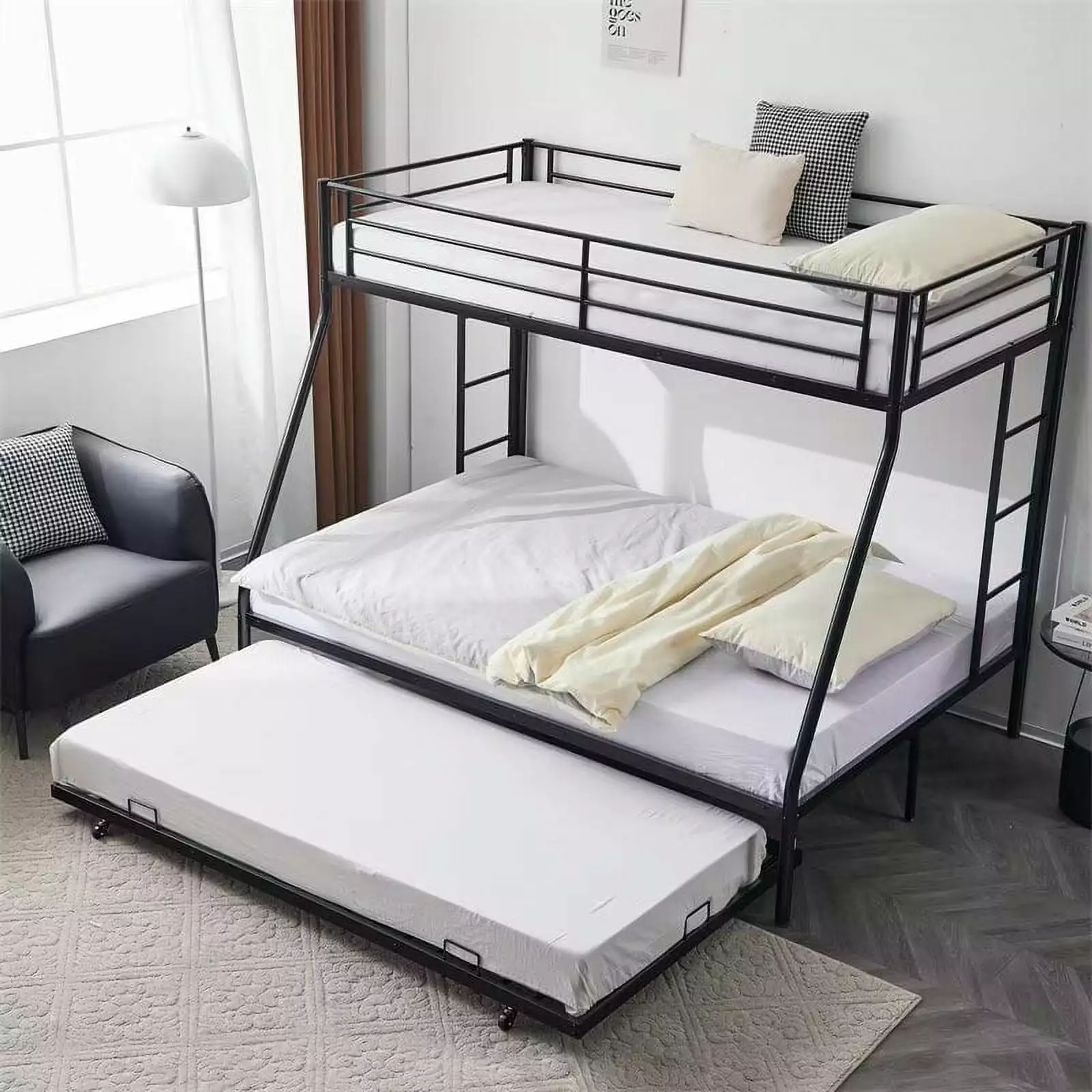 Bunk Bed Trundle Twin Over Full Metal Bunk Beds Ladders and Guardrails Teens and Adults JAMPOOCA