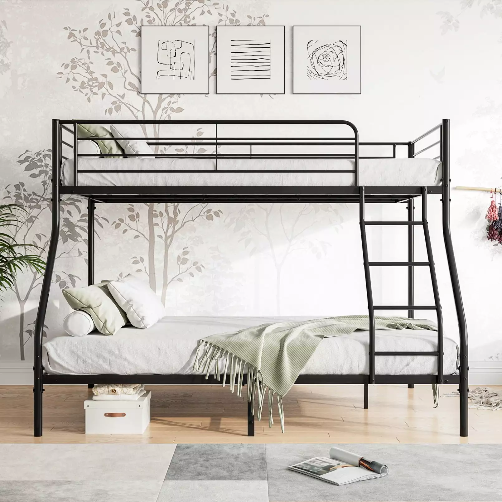 Twin Over Full Size Bunk Bed Ladder Heavy Duty Metal Bunk Bed Kids Teens Adults Black JAMPOOCA