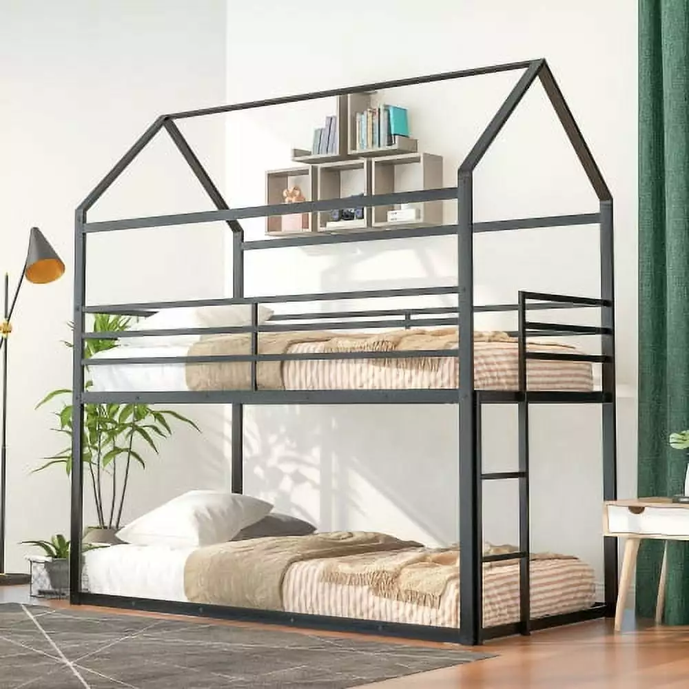Houtilize Bunk Beds Kids - Twin Over Twin Metal Bunk Bed Built- Ladder and Roof JINS & VICO