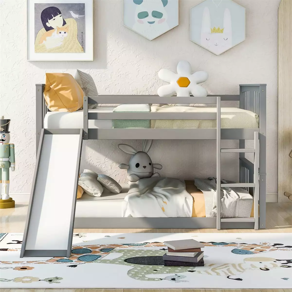JINS&VICO Bunk Bed Slide Wooden Low Bunk Bed Frame Ladder Full Over Full Size Gray JINS & VICO