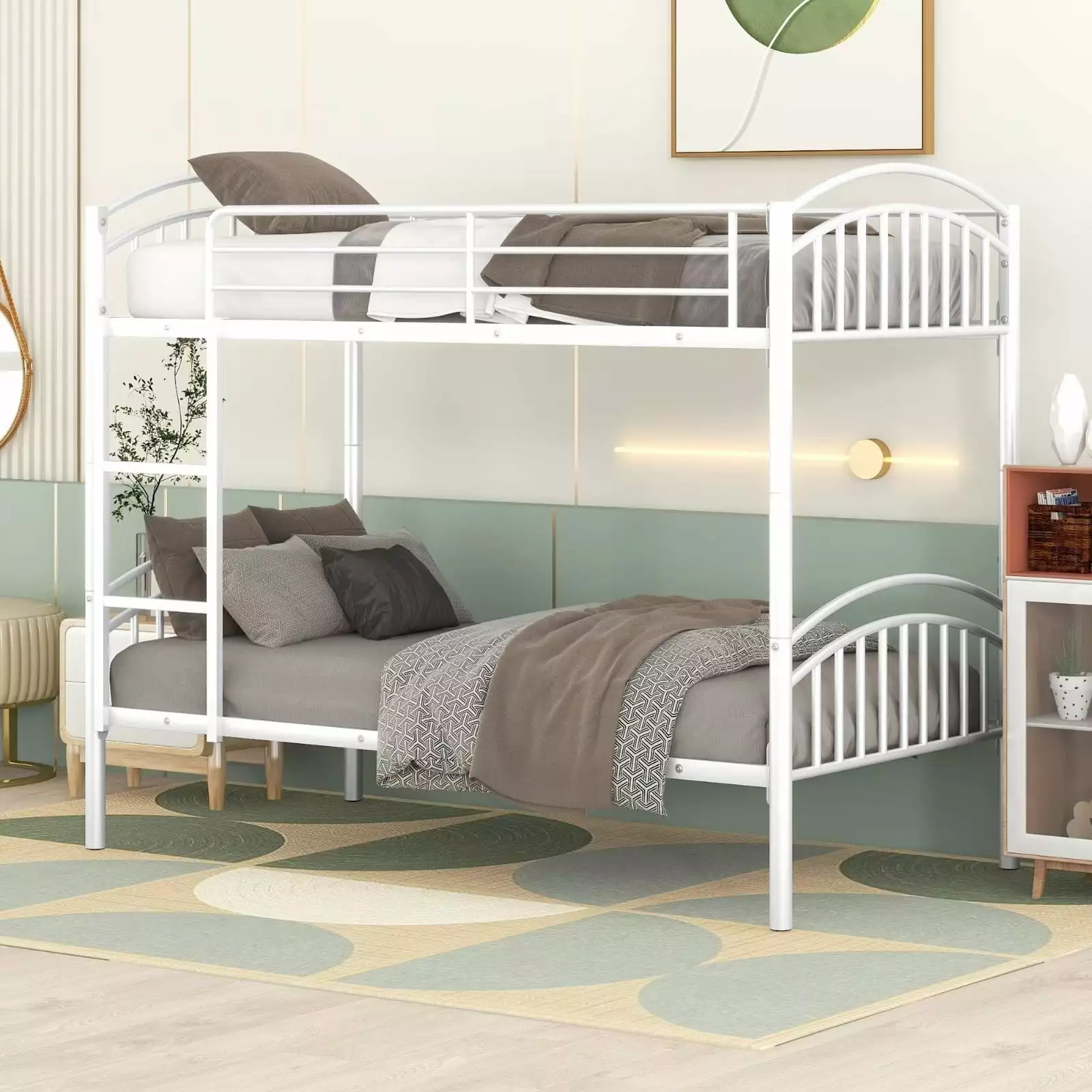 Twin Over Twin Bunk Bed Metal Bed Frame Ladder and Full-length Guardrail Modern Sturdy Bunk Beds Convertible to 2 Separate...