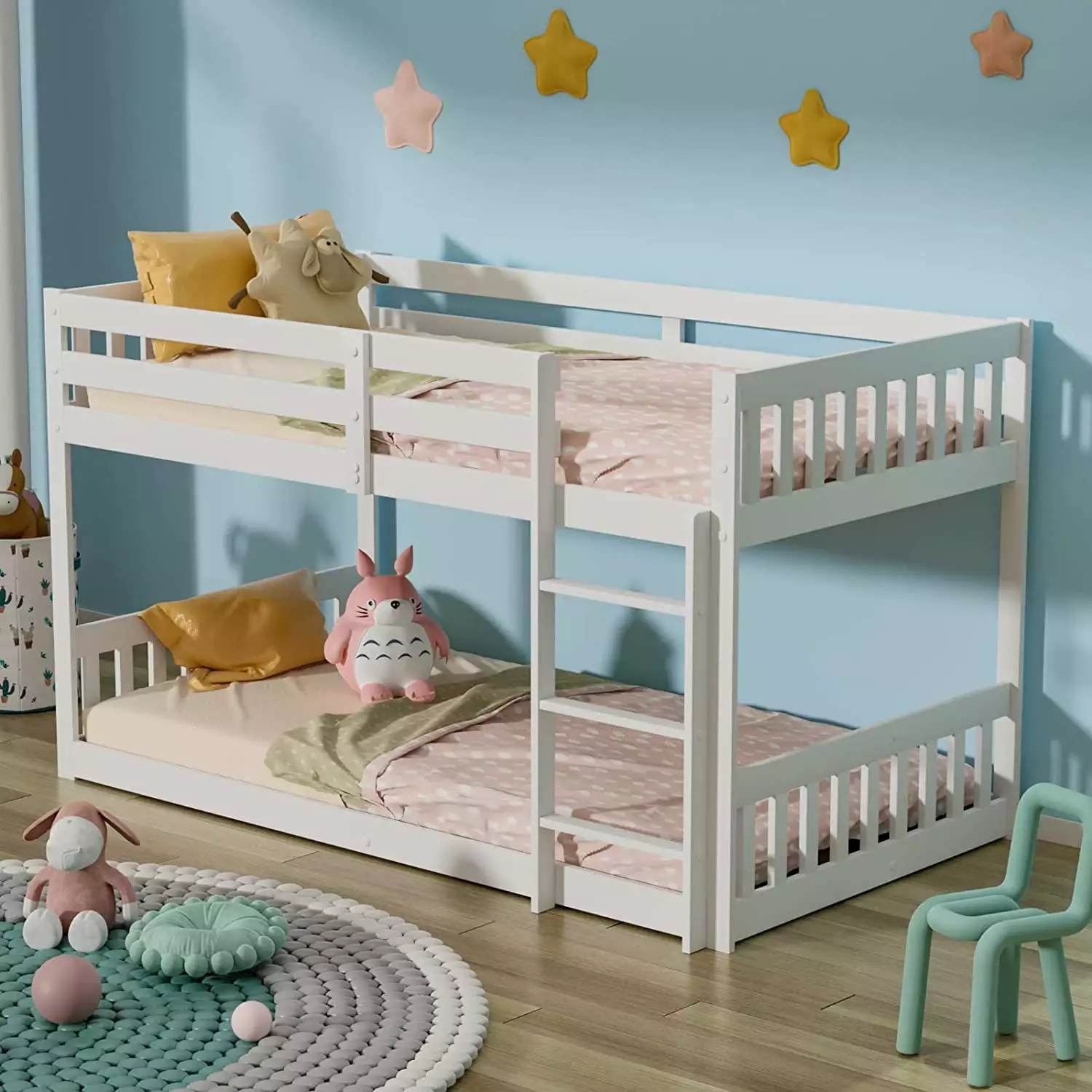 JOYMOR Wood Low Twin Over Twin Bunk Bed Kids Guardrails and Ladder White