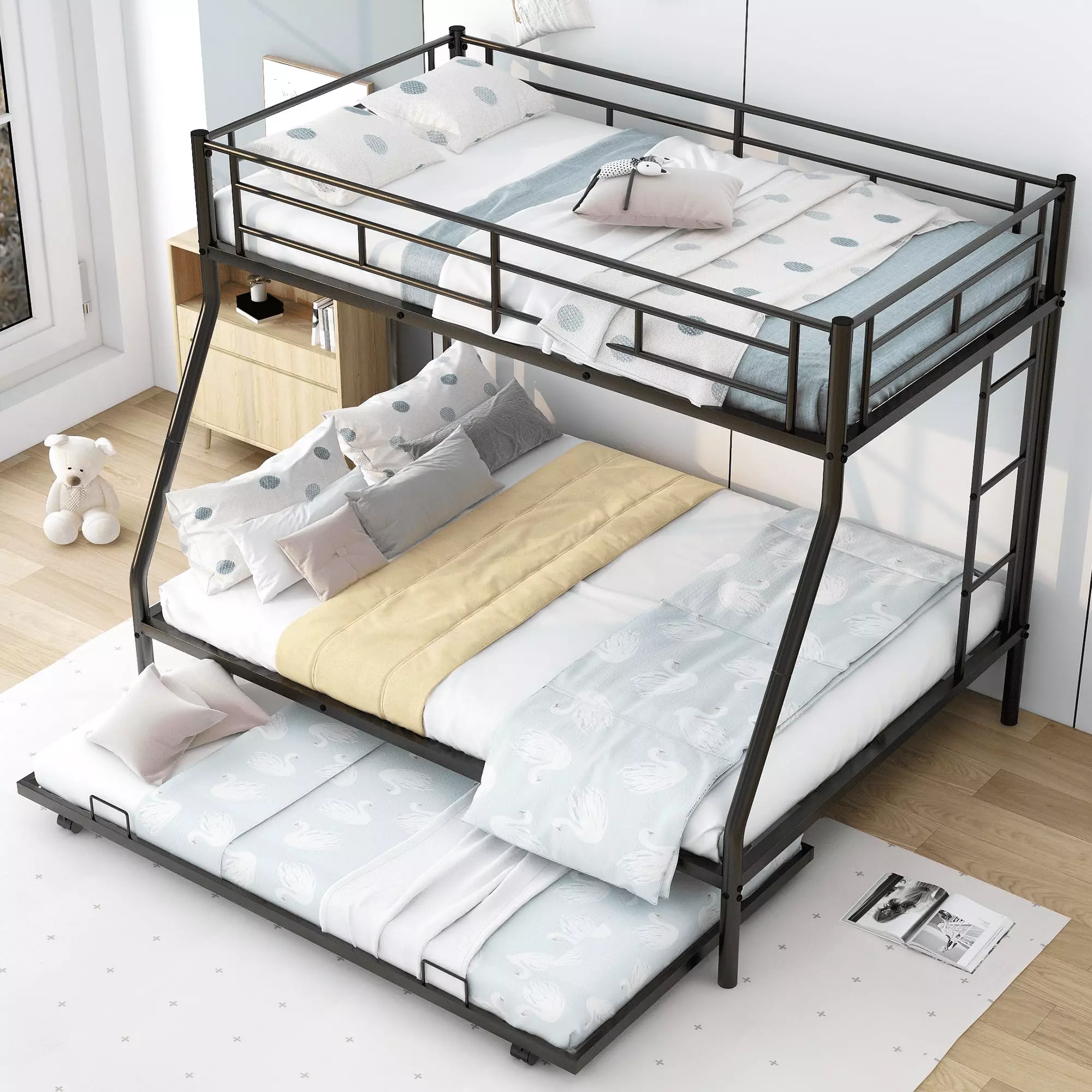 Black Jump Into Fun Twin Over Full Metal Bunk Bed Trundle and Guard Rail
