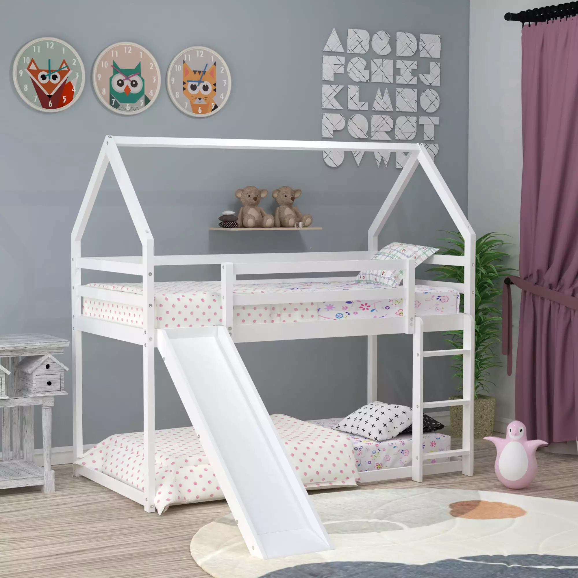 Kacho Houtilize Bunk Bed Slide Twin Over Twin Wood Bunk Bed Roof and Ladder Kids Teens White