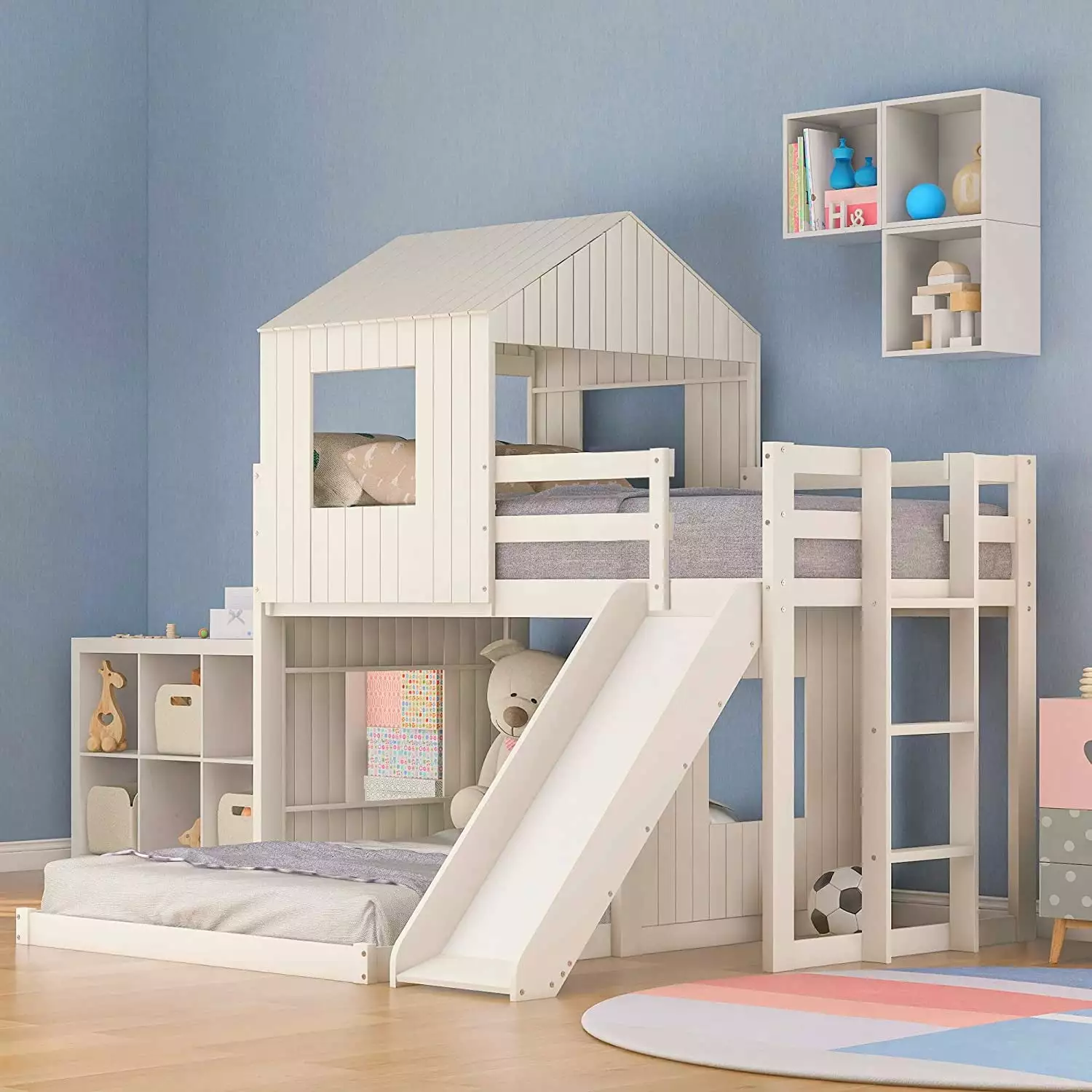 Kacho Houtilize Bunk Beds Slide Wood Twin Over Full Bunk Beds Roof and Guard Rail White