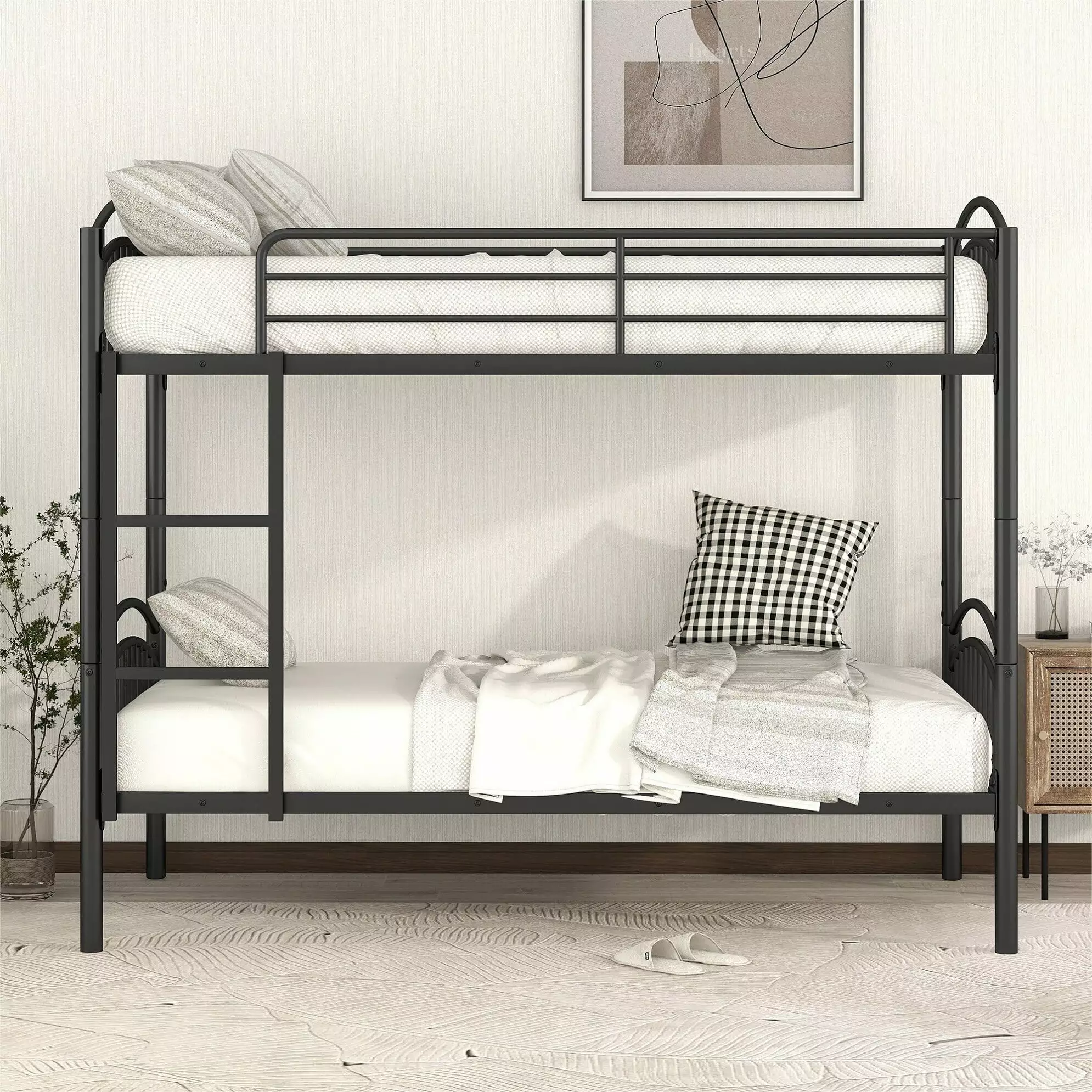 KOFUN Metal Bunk Bed Twin over Twin Heavy Duty Convertible Boys Girls Teens Black