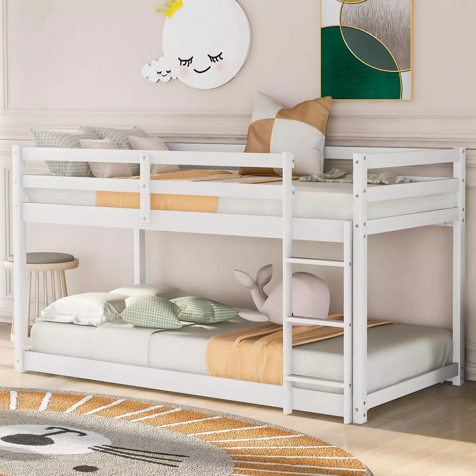 White Wood Twin Over Twin Floor Bunk Bed Ladder and Guardrails Legahome
