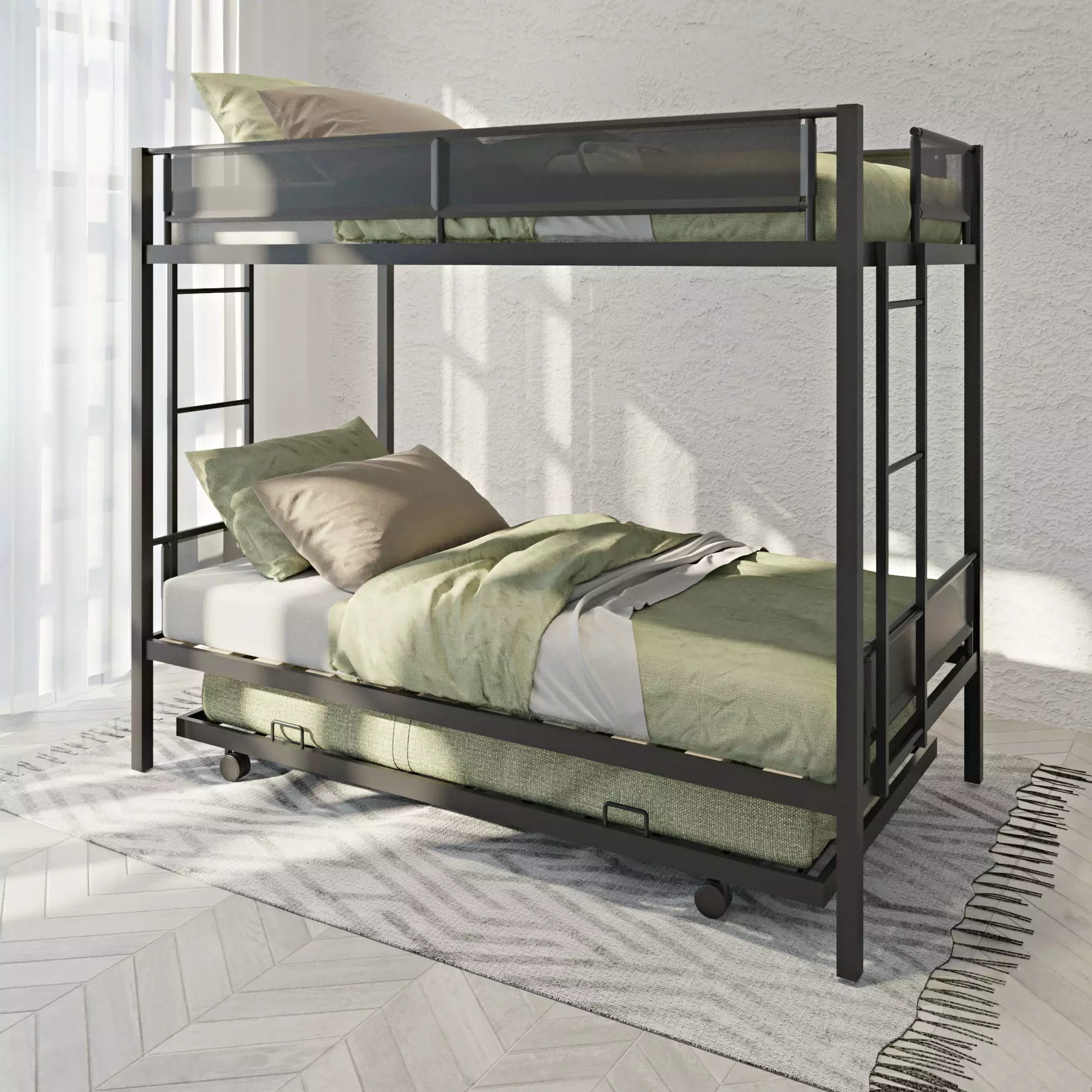 Muumblus Twin Over Twin Bunk Bed Trundle Metal Frame Guard Rail Ladders Space Saving Black