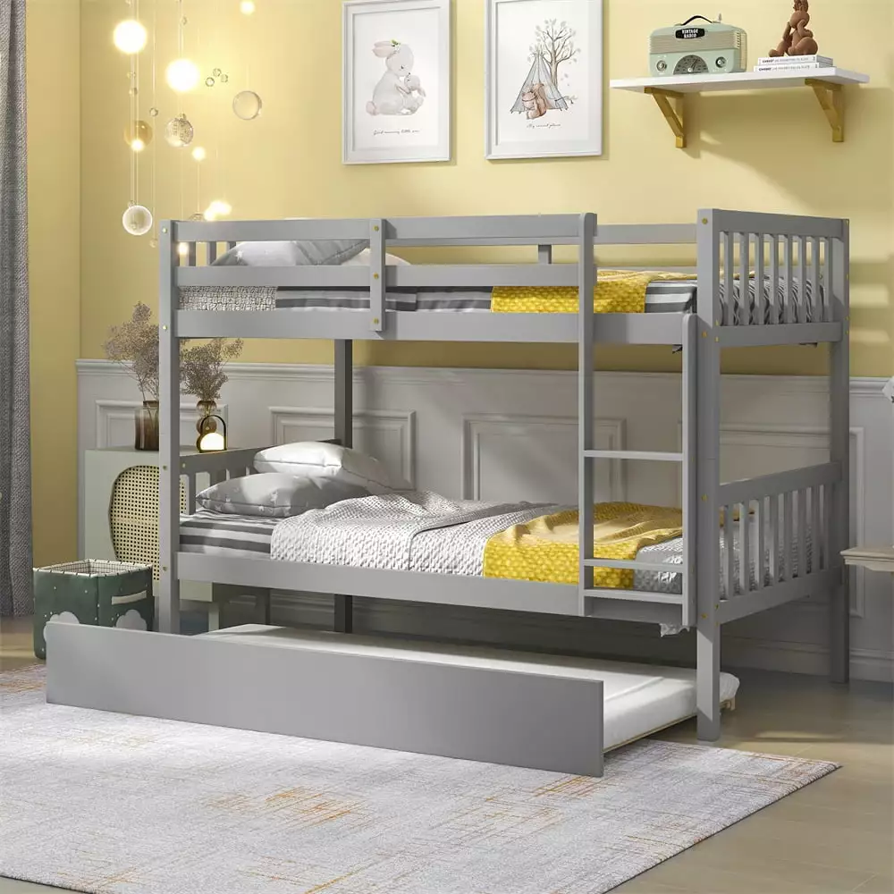 Twin Over Twin Bunk Bed Trundle Sturdy Wood Bunk Bed Frame Slats and Guardrails Grey P Upbeamo