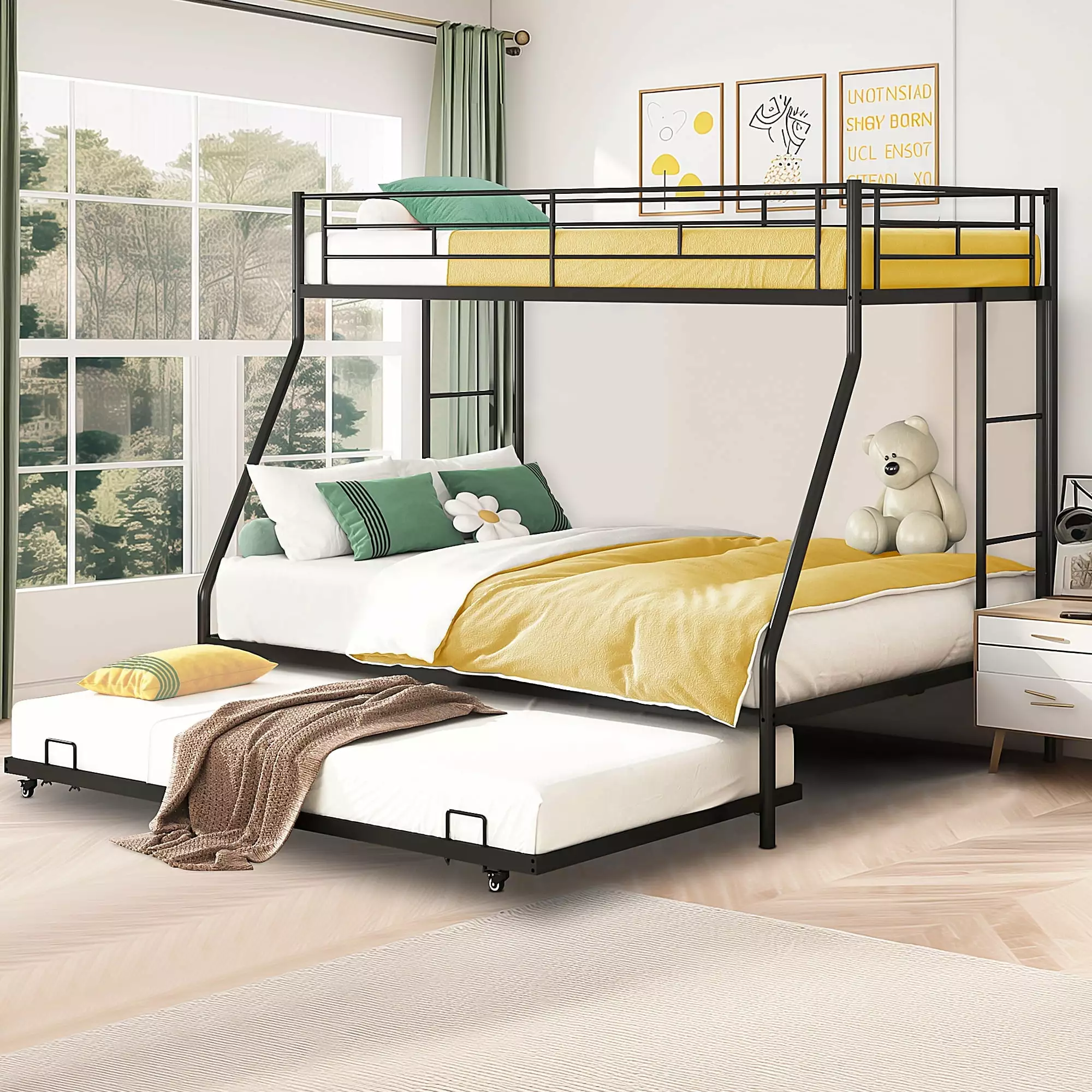 Black Twin Over Full Metal Bunk Beds Trundle Bed and Ladders Paproos