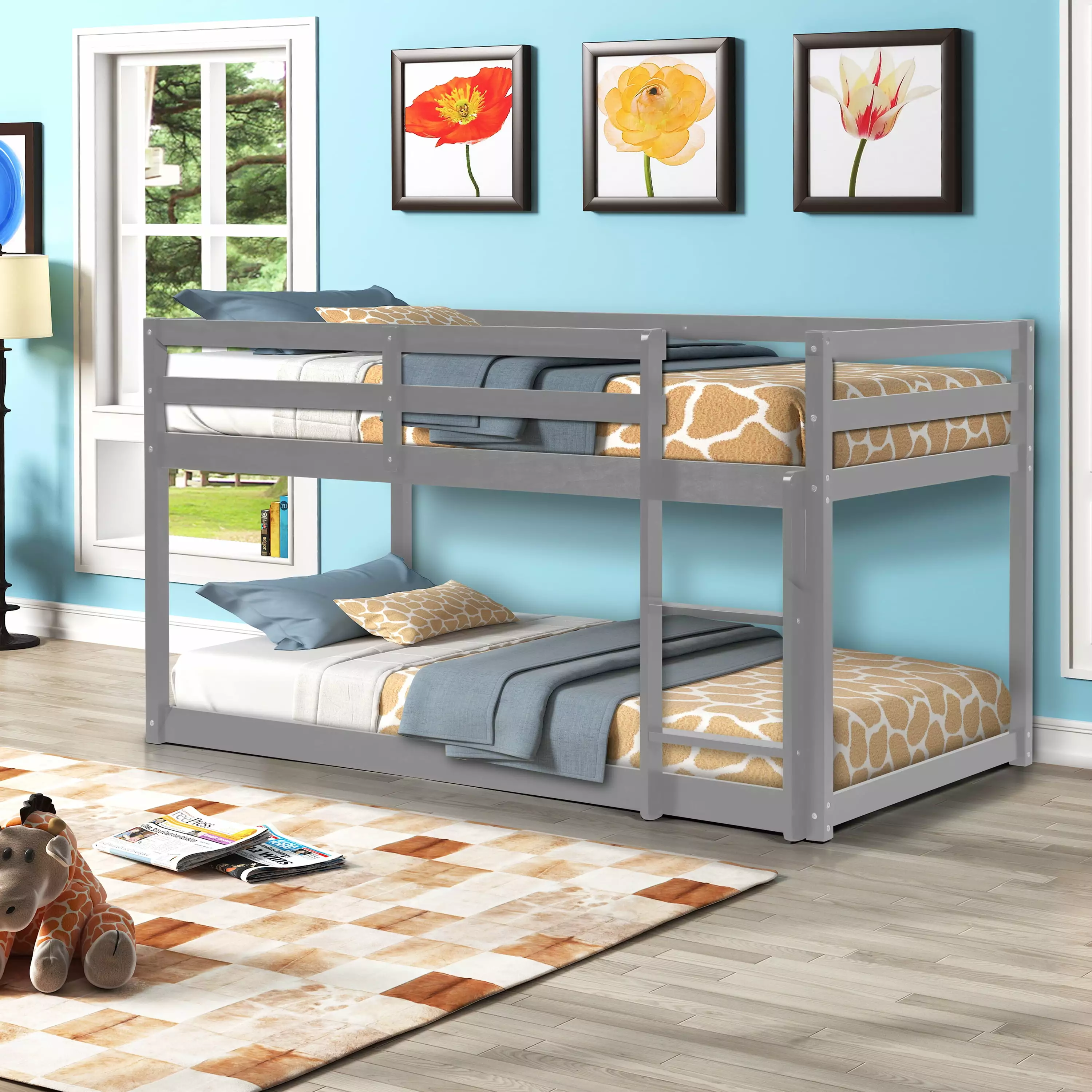 2023 Upgraded Bunk Bed Twin-Over-Twin Kids Heavy-Duty Solid Wood Bunk Bed Grey Segmart