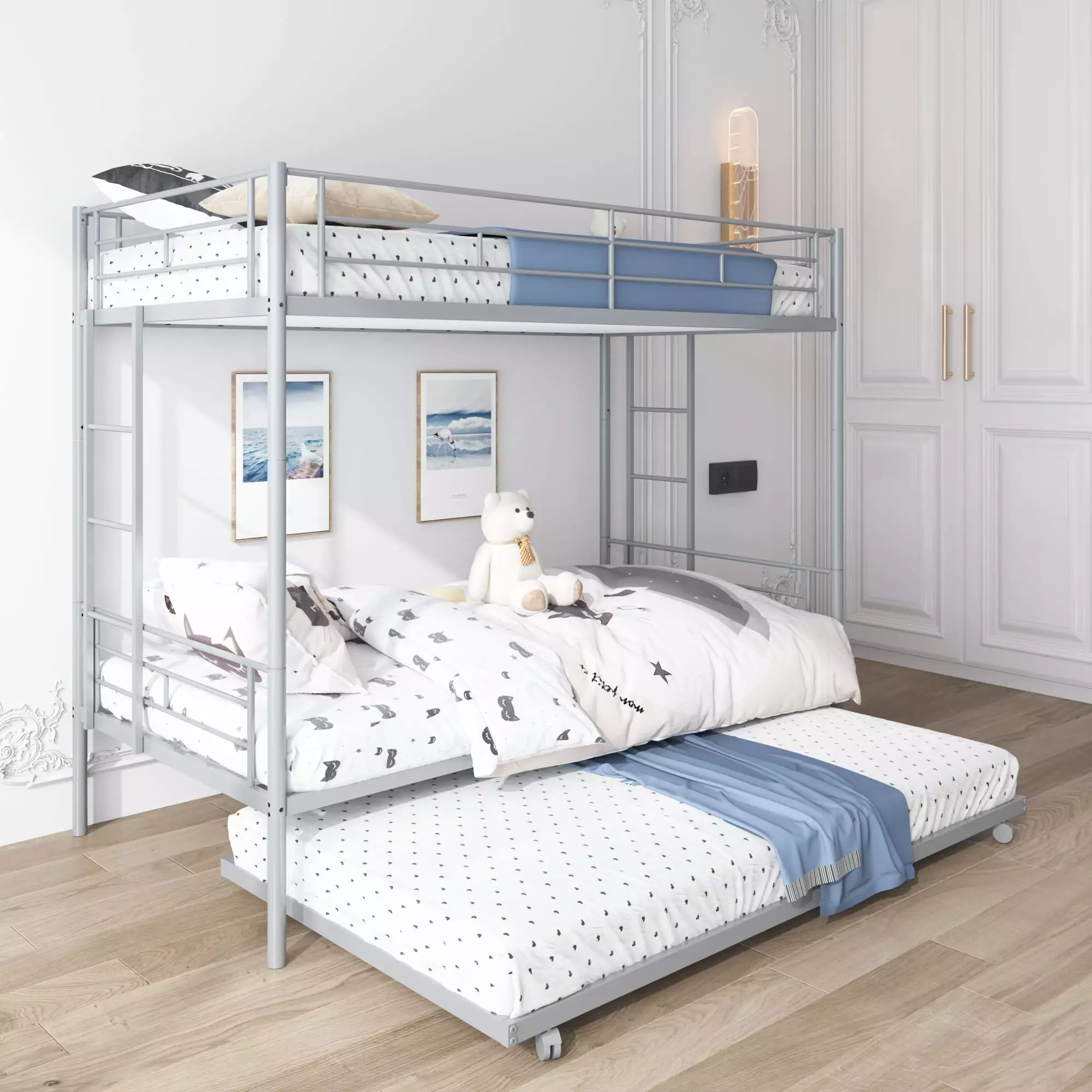Bunkbed Roll Out Trundle Bed Frame Metal Bunk Bed Can Be Divided Into Two Twin Beds Guest Room Segmart