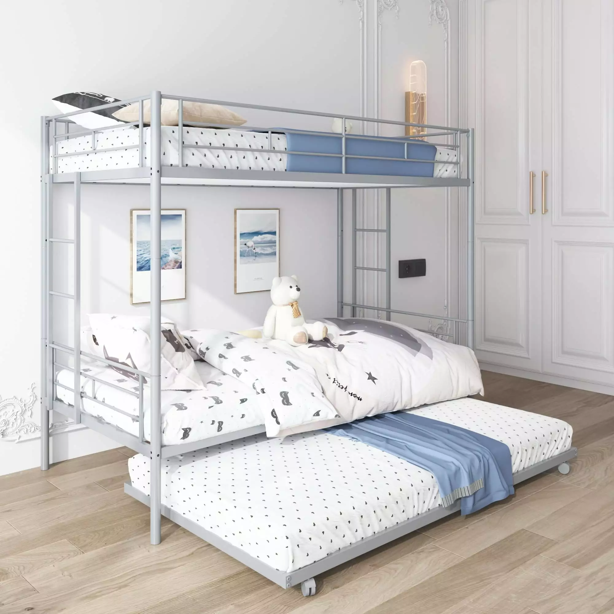 Metal Bunk Beds Kids Twin Over Twin Loft Bed Trundle and Guardrails Segmart