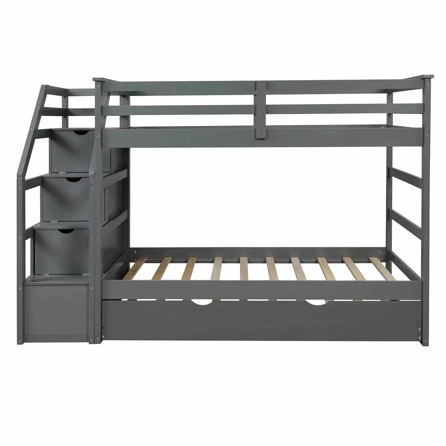 Twin Over Twin Bunk Bed Trundle and 3 Drawers Solid Wood Frame Segmart