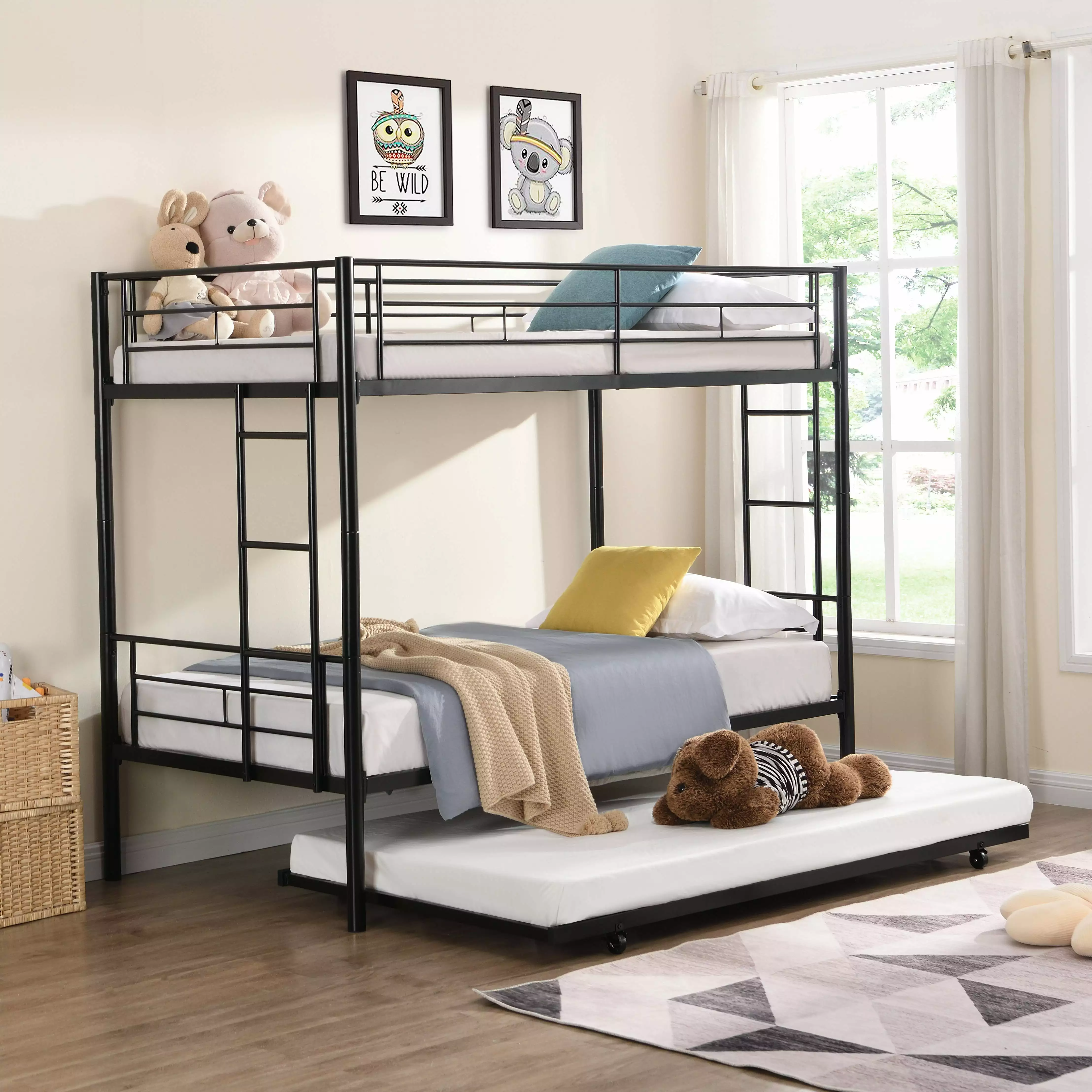 Metal Twin Over Twin Bunk Bed Trundle Heavy Duty 400LBS Capacity Black Seizeen