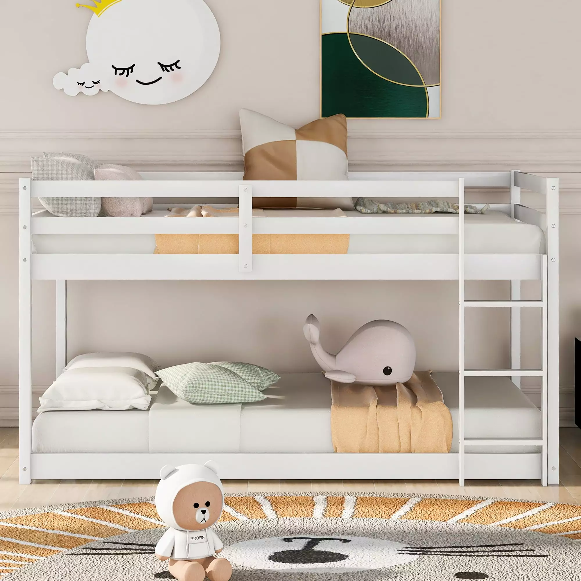 Floor Twin Over Twin Bunk Bed Kids Wood Bunk Beds Ladder Guardrail White Sesslife