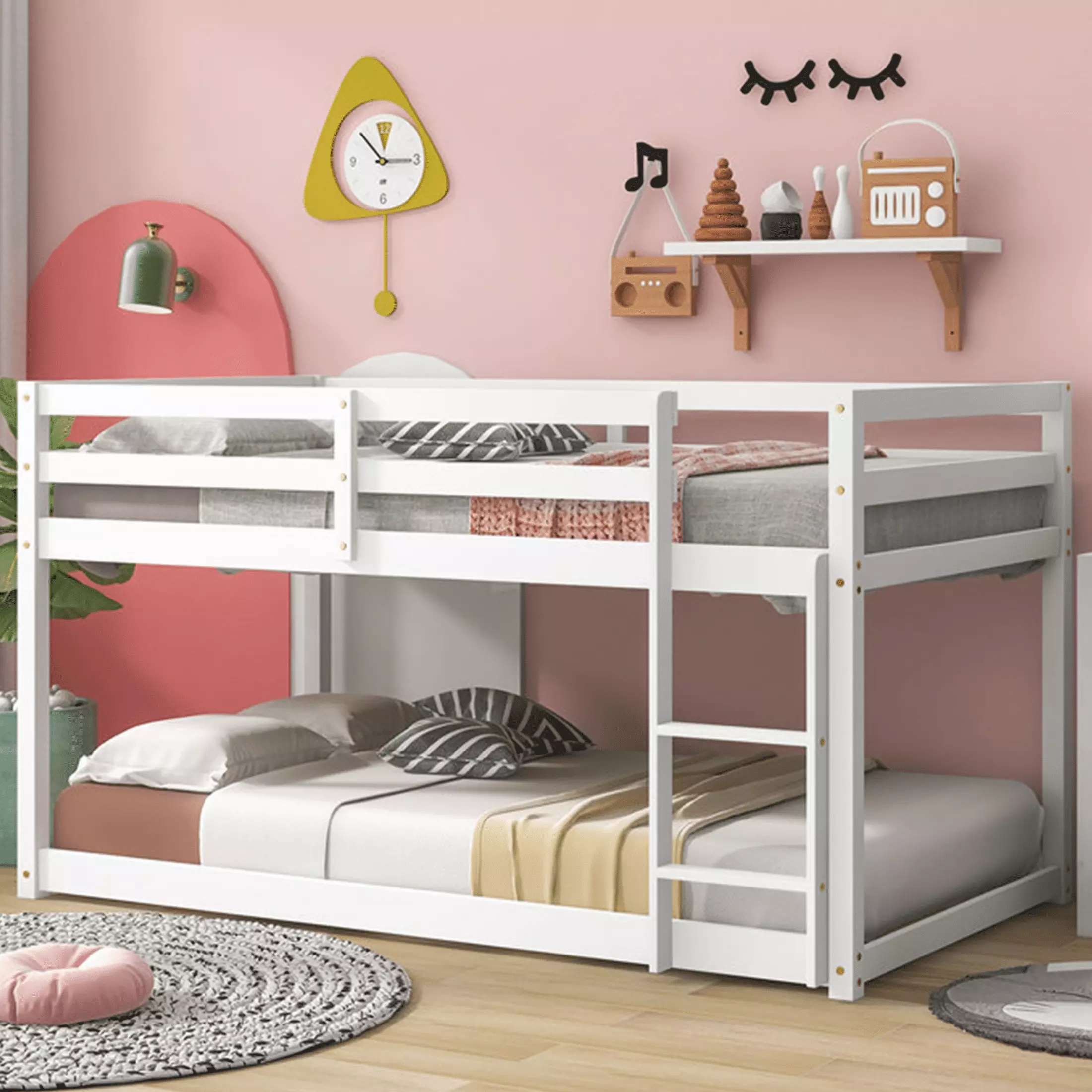White Sesslife Twin Over Twin Kids Low Floor Bunk Bed Guard Rails