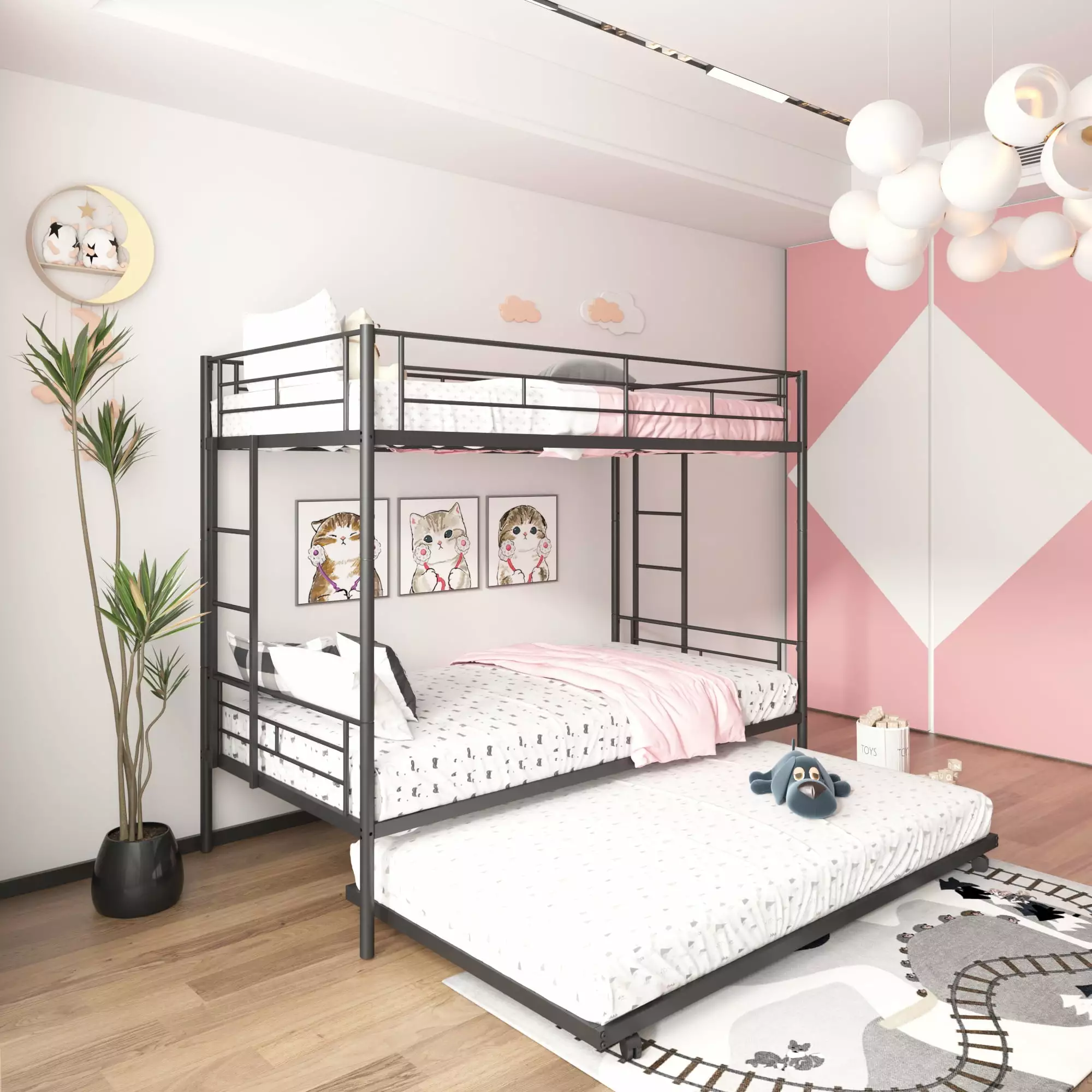 Heavy Duty Bunk Bed Frame Kids Twin Over Twin Metal Bunk Bed Flat Ladder Guardrail Convertible Trundle Black D6467 Syngar