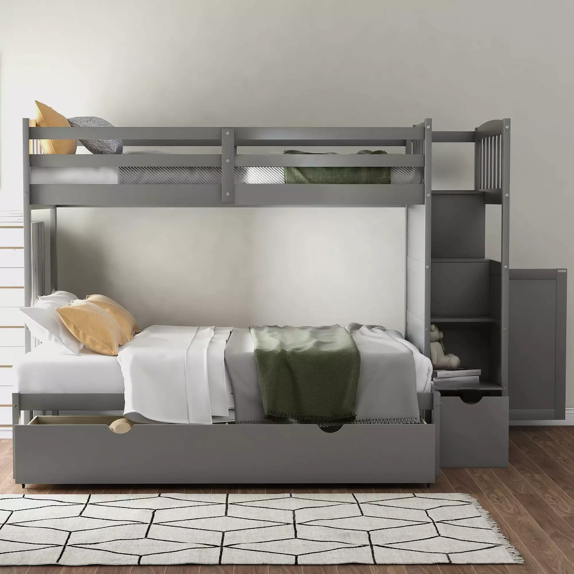 THINK 30 Twin Over Twin Bunk Beds Staircase and Drawers Kids