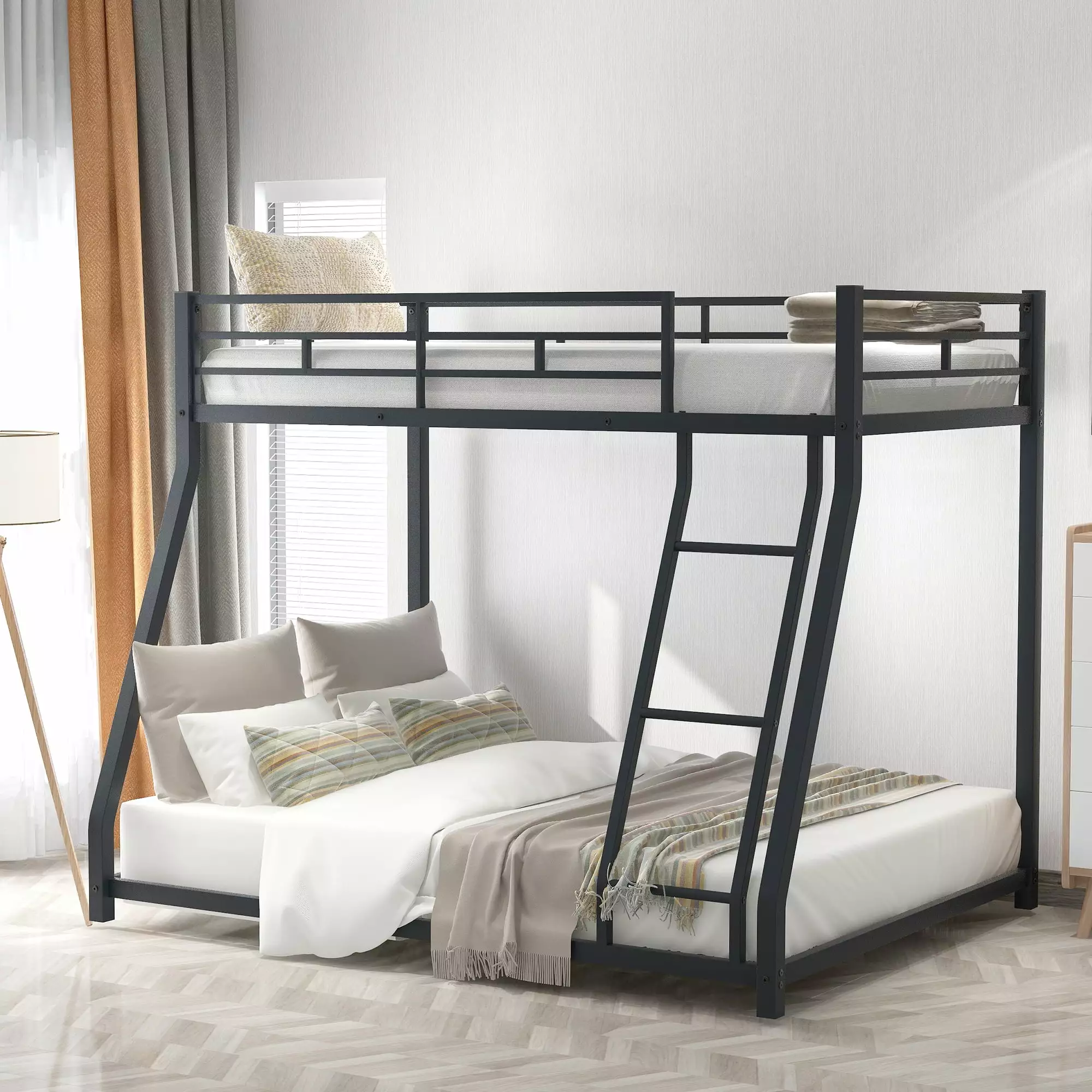 Bunk Beds Twin over Full Size Heavy Duty Metal Bunk Bed Frame Inclined Ladder and Full-length Guardrail 2--1 Bunk Beds Kid...