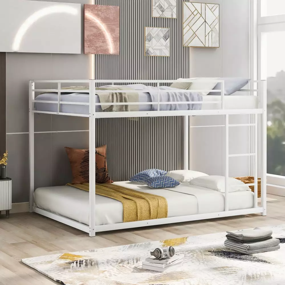 Full over Full Metal Bunk Bed Heavy Duty Guard Rails and Ladder Low Bunk Beds Kids Teens Adults White Triple Tree