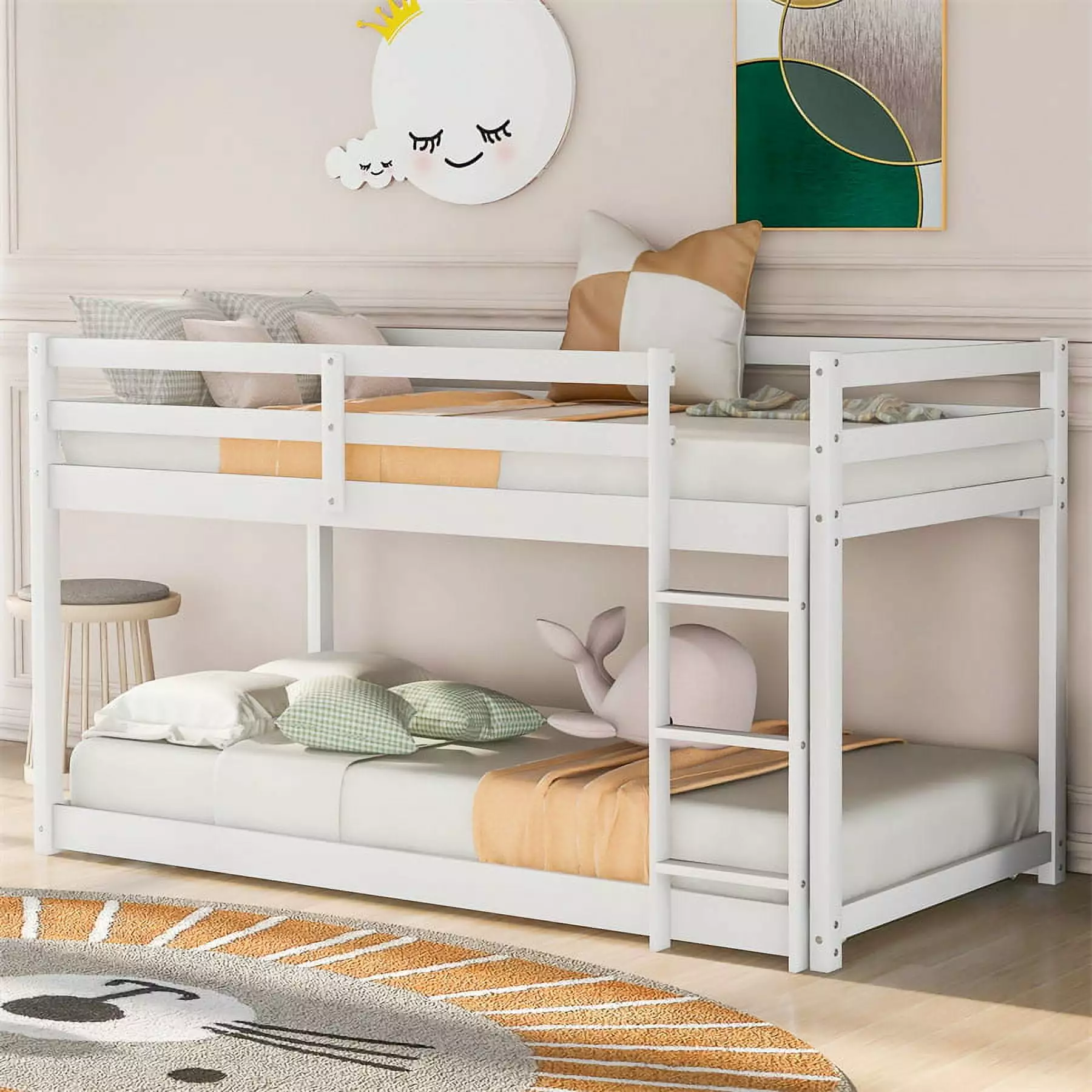 Lovely Twin Over Twin Floor Bunk Bed Rail and Ladder Pine Stairway Double-Deck Bed Full-Length Guardrail Solid Wood Bunk B...